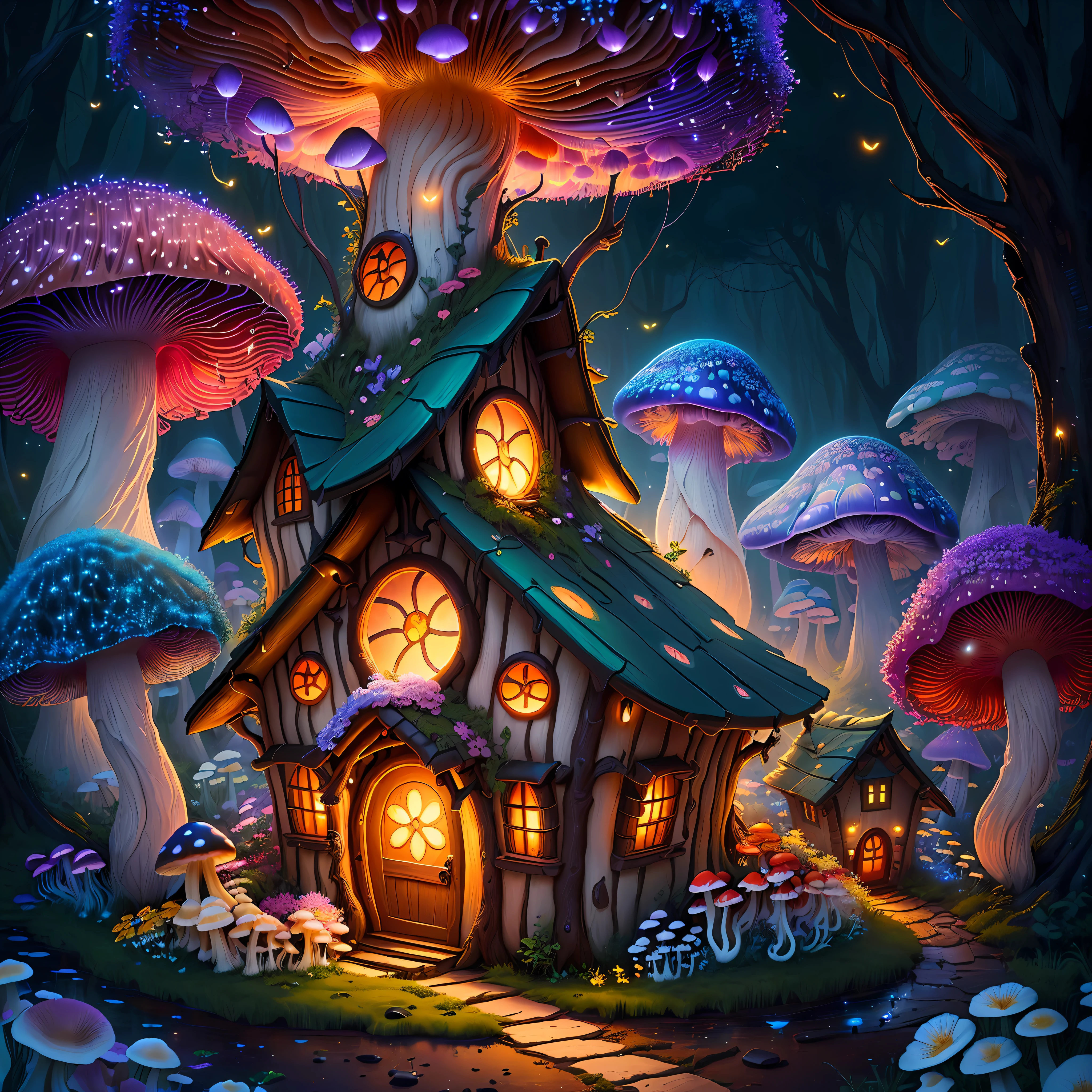(Swirling clouds and colorful flowers), (forest fireflies fantasy mushroom house), (midnight), (Irregular), (mysterious), (ridiculous), dreamy, disney, painted by Thomas Kincaid, artstation, sharp focus, inspiring 8k wallpaper,
