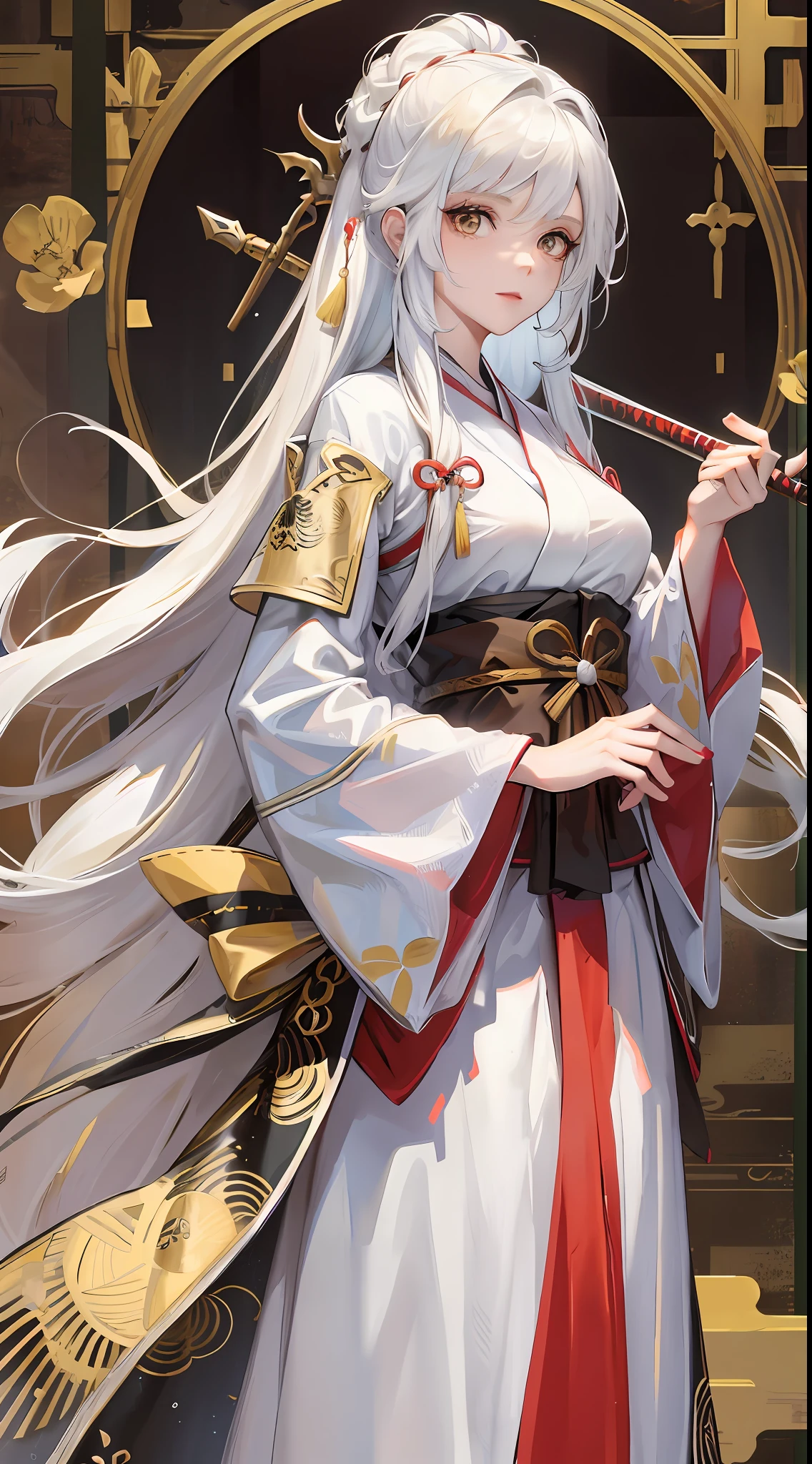 Adult woman, long white hair, brown eyes, hanfu, straight sword, masterpiece, high quality