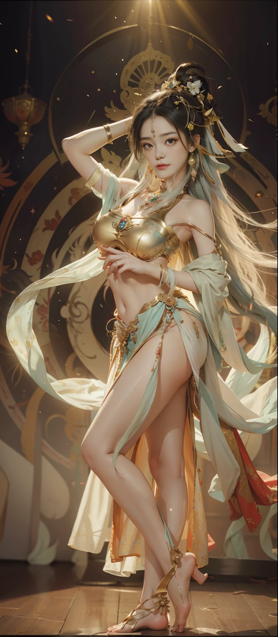Dunhuang style, 1girle, shoulders, navel, flying fairy, Dunhuang mural in background, dance, white hair, lots of hair, very long hair, hair accessories, ribbons, earrings, gold jewelry, hair bubbles, copper bells, red clothes, translucent, flowers on the head, gradient eyes, smile, barefoot, no shoes, full body portrait, surrealism, high detail, romanticism, cinematic lighting, glitter, reflected light, masterpiece, super detail, textured skin, anatomically correct, high detail, best quality, high quality, high quality, Award-winning, 8K