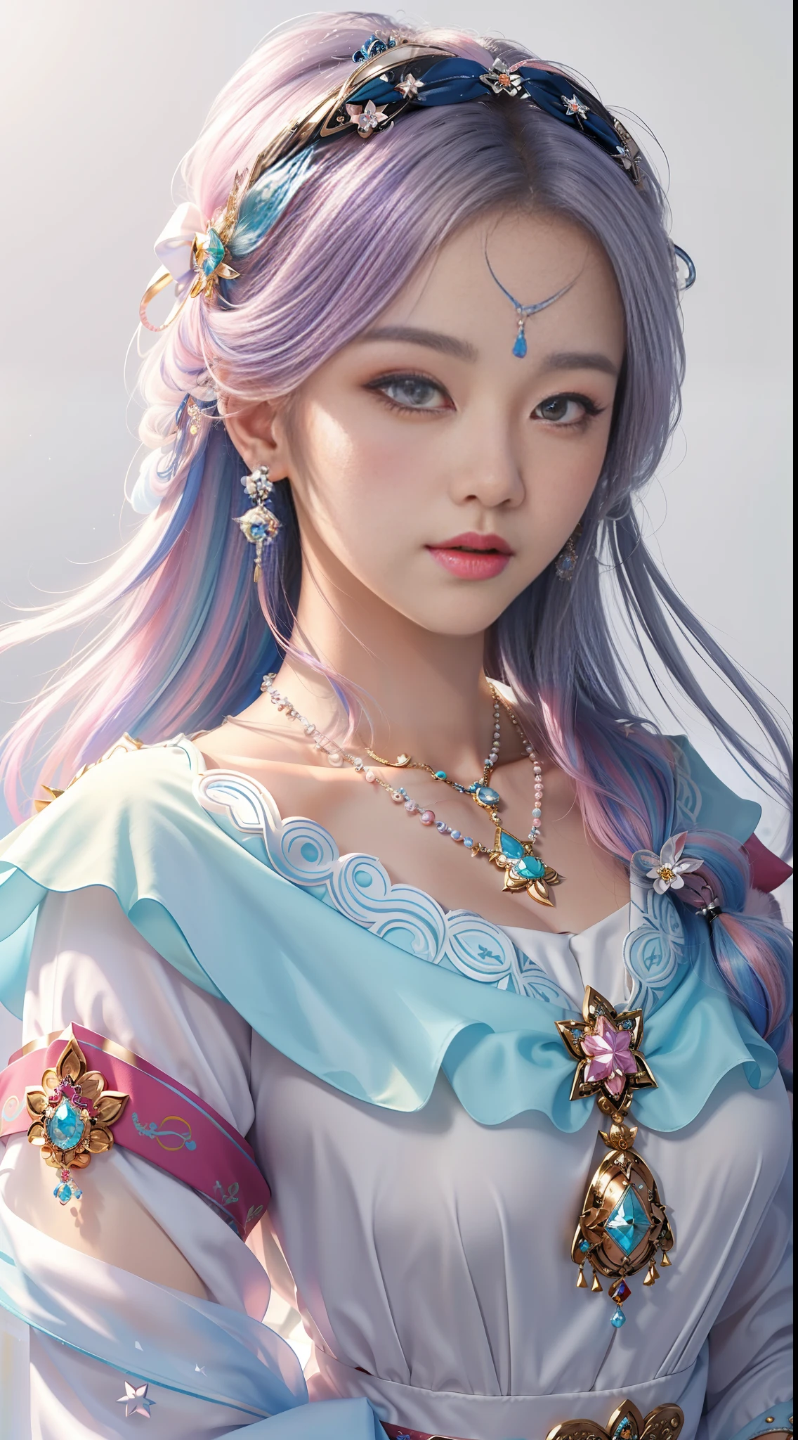 Superb Style, Masterpiece, High Resolution, Game CG, 1girl, Blush, (White Background: 2), Star Eyes, Tibetan Style, (Colorful Hair: 2), Hair Accessories, Necklaces, Jewelry, Beauty, Realistic, Light Edge, (High Detail Skin: 1.2), 8K UHD