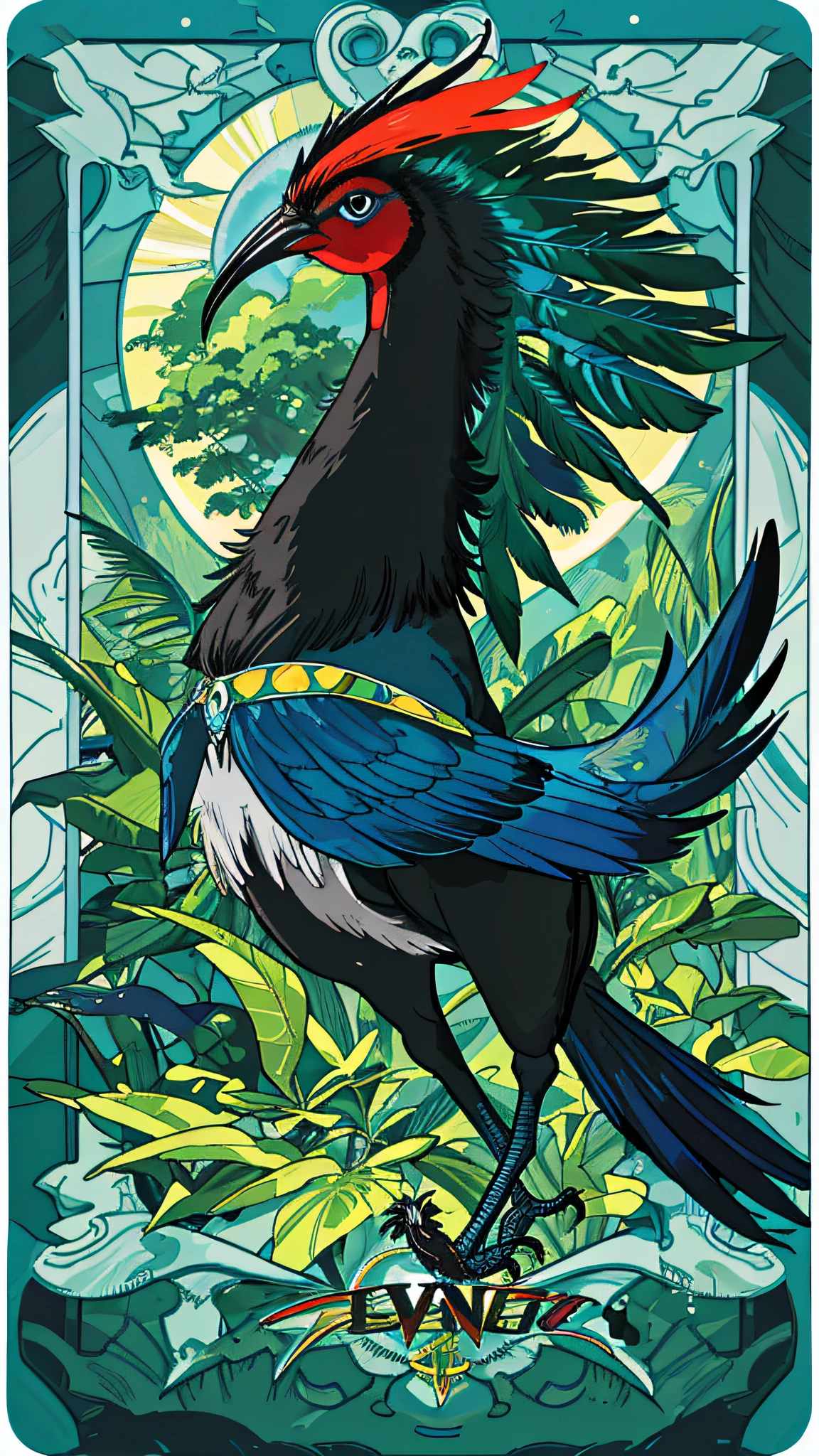 Create an AI-generated image showcasing a majestic Cassowary bird from Papua. The bird stands tall, its robust body covered in sleek, black feathers that glisten in the sunlight. Its distinctive red-blue neck, vivid and iridescent, catches the viewer's eye and adds a splash of vibrant color to the composition.
The Cassowary's strong and muscular legs are prominently displayed, emphasizing its powerful build and its characteristic ability to sprint with great speed. The bird's large, clawed feet, ideal for navigating the dense foliage of its habitat, are portrayed in intricate detail.
The body of cassowaries is fat oval with long featherless neck. Set the scene amidst a lush rainforest backdrop, with vibrant green vegetation forming a dense canopy overhead. Sunlight filters through the foliage, A sense of mystery and intrigue is created as the Cassowary stands in a clearing, its alert gaze suggesting its watchful nature. With tarot card majestic pattern