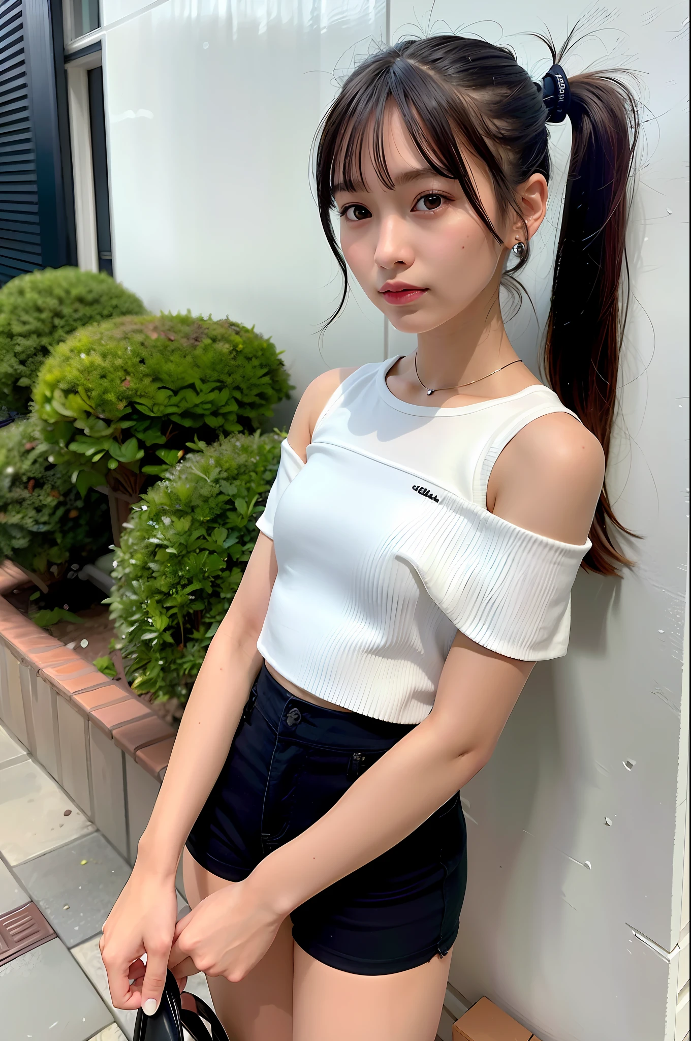 Top quality, ultra high resolution, (photorealistic: 1.4), 1 girl, off-the-shoulder white shirt, look viewer, close-up, thin legs, small, black shorts, dazzling light, , ponytail, long legs