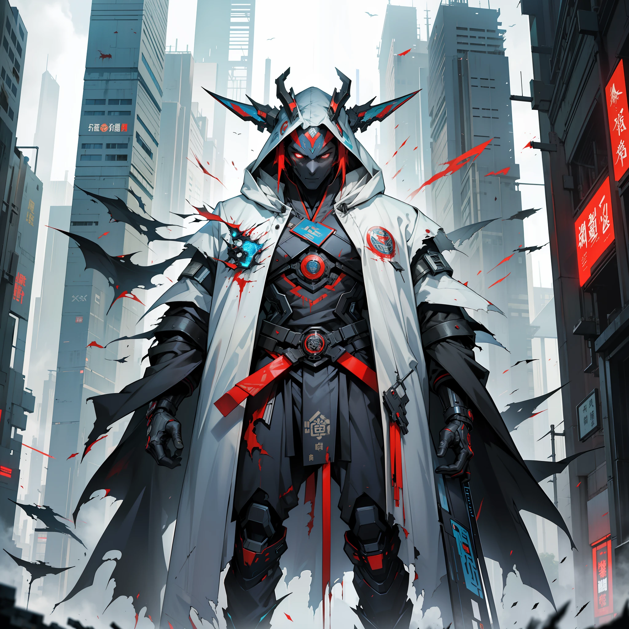 An ancient Chinese boy, hooded head, full body, amazing facial features, blood stains, sharp eyes, cyberpunk, holographic aura, surreal science fiction art, futuristic science fiction aesthetics, Hanfu (tattered, torn), mecha, complex design, game model, movie edge light, delicate light, masterpiece, super detailed, epic composition, super HD, high quality, highest quality, 32k --niji 5