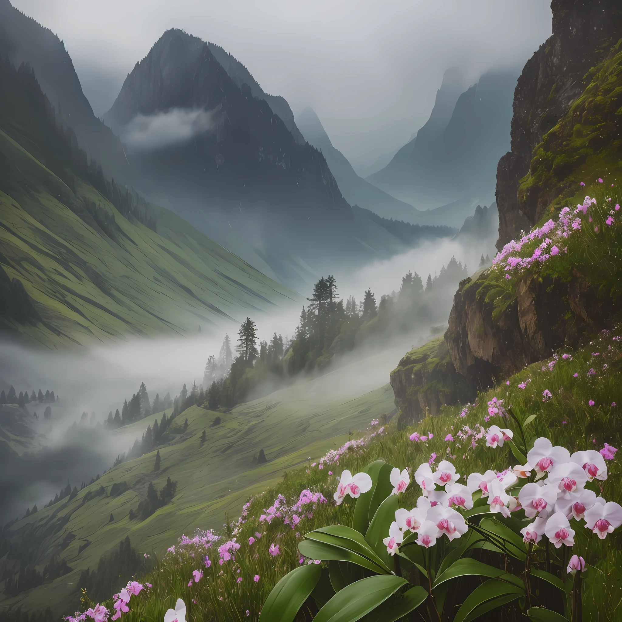 ((masterpiece)), (best quality), (high detial), ((realistic,)) mountains, mist, soft light and shadow, mysterious and charming atmosphere, depth of field, a flowering orchid, rain silk, raindrops, black background