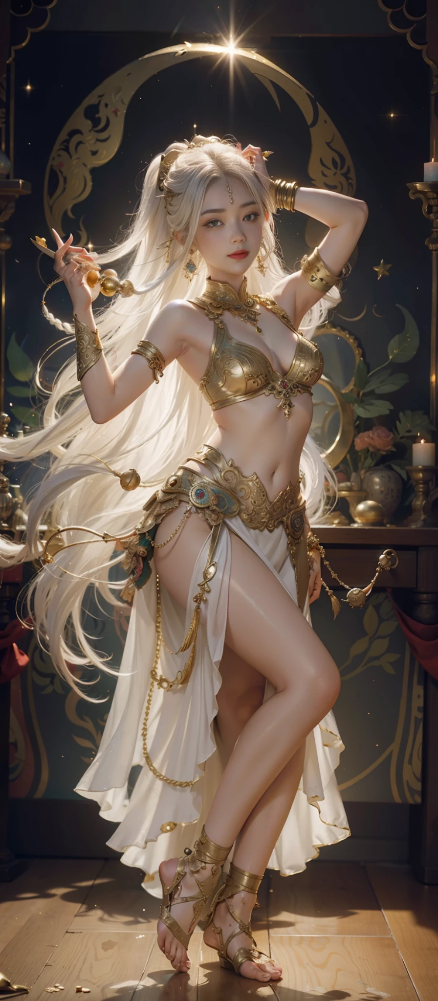 Dunhuang style, 1girle, shoulders, navel, flying fairy, Dunhuang mural in background, dance, white hair, lots of hair, very long hair, hair accessories, ribbons, earrings, gold jewelry, hair bubbles, copper bells, red clothes, translucent, flowers on the head, gradient eyes, smile, barefoot, no shoes, full body portrait, surrealism, high detail, romanticism, cinematic lighting, glitter, reflected light, masterpiece, super detail, textured skin, anatomically correct, high detail, best quality, high quality, high quality, Award-winning, 8K