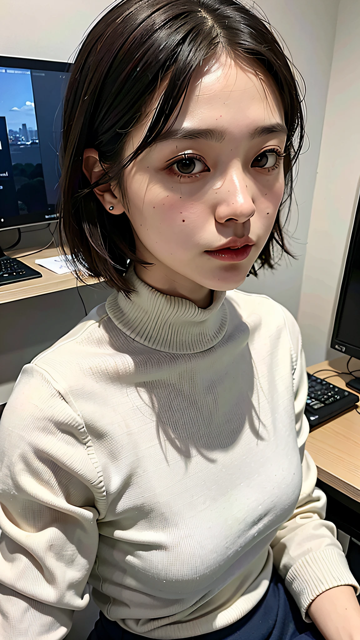 (Top Quality, 8k, Masterpiece, UHD: 1.2), 1 girl, beautiful Japan woman, constricted waist, office lady, office, desk, sticking ass out. shorthair, bob, Japan, brown hair, drooping eyes, high neck, dress
