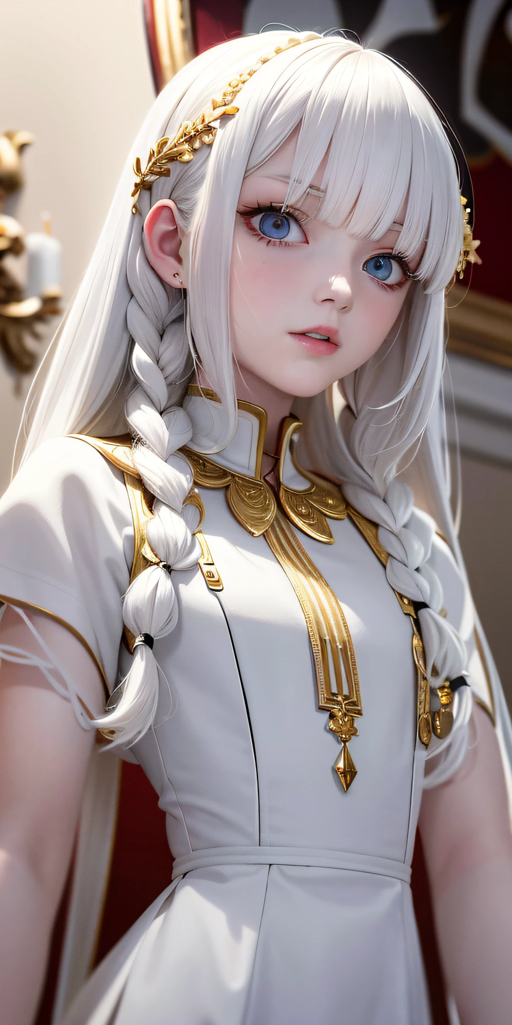 best quality, masterpiece,white hair, gold eyes,white clothes, looking up, upper body,hair strand,Fair skin,side braids