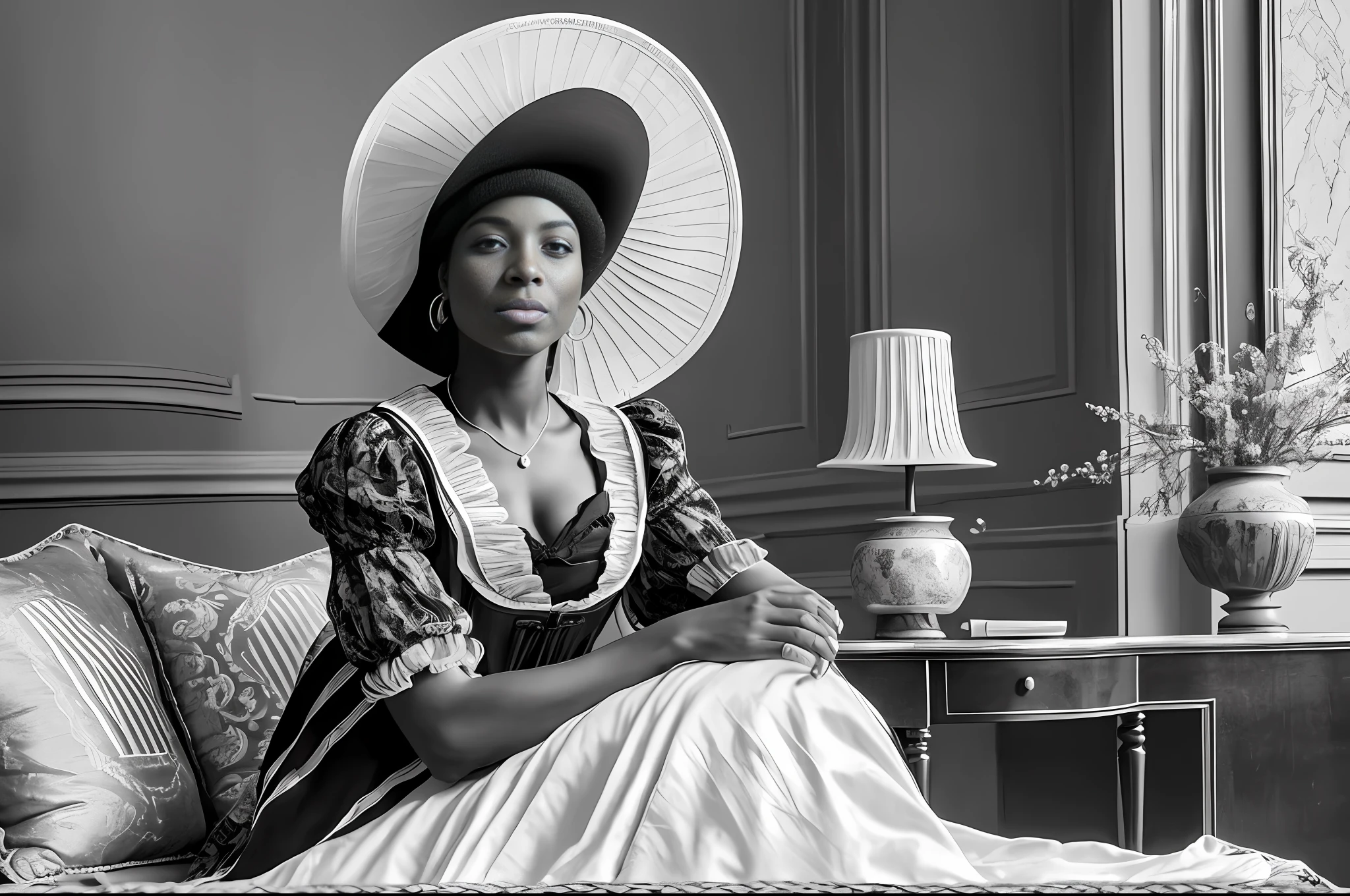 realistic black and white image depicting a very beautiful black woman with an expressive look, clothes, shoes and hat that were befitting the elite of the eighteenth century in a luxurious room. Serene and discreet bearing. His expression exudes strength. a firm stance that demands the eighteenth century and demonstrates austerity. seriousness and haughtiness. --auto --s2
