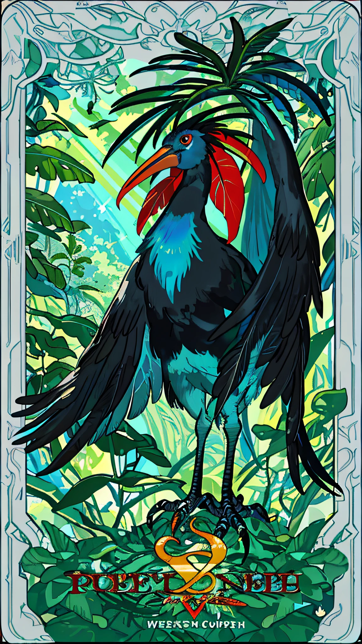 Create an AI-generated image showcasing a majestic Cassowary bird from Papua. The bird stands tall, its robust body covered in sleek, black feathers that glisten in the sunlight. Its distinctive red-blue neck, vivid and iridescent, catches the viewer's eye and adds a splash of vibrant color to the composition.

The Cassowary's strong and muscular legs are prominently displayed, emphasizing its powerful build and its characteristic ability to sprint with great speed. The bird's large, clawed feet, ideal for navigating the dense foliage of its habitat, are portrayed in intricate detail.

The body of cassowaries is fat oval with long featherless neck. Set the scene amidst a lush rainforest backdrop, with vibrant green vegetation forming a dense canopy overhead. Sunlight filters through the foliage, A sense of mystery and intrigue is created as the Cassowary stands in a clearing, its alert gaze suggesting its watchful nature. With tarot card majestic pattern