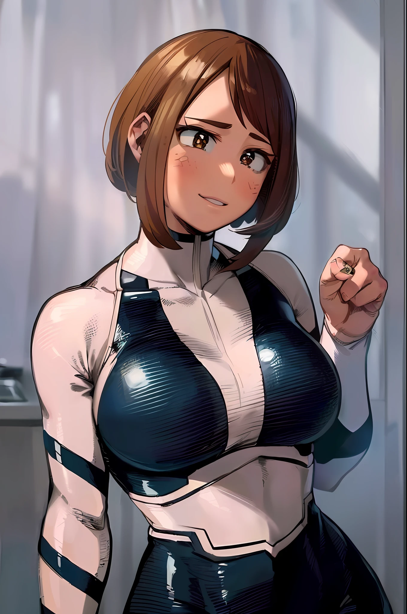 ((Best Quality)), ((Highly Detailed)), Masterpiece, Detailed Face, Beautiful Face, 1girl, brown hair, brown eyes, short hair, light smile, blush stickers, uraraka ochako, superhero uniform, black and white bodysuit