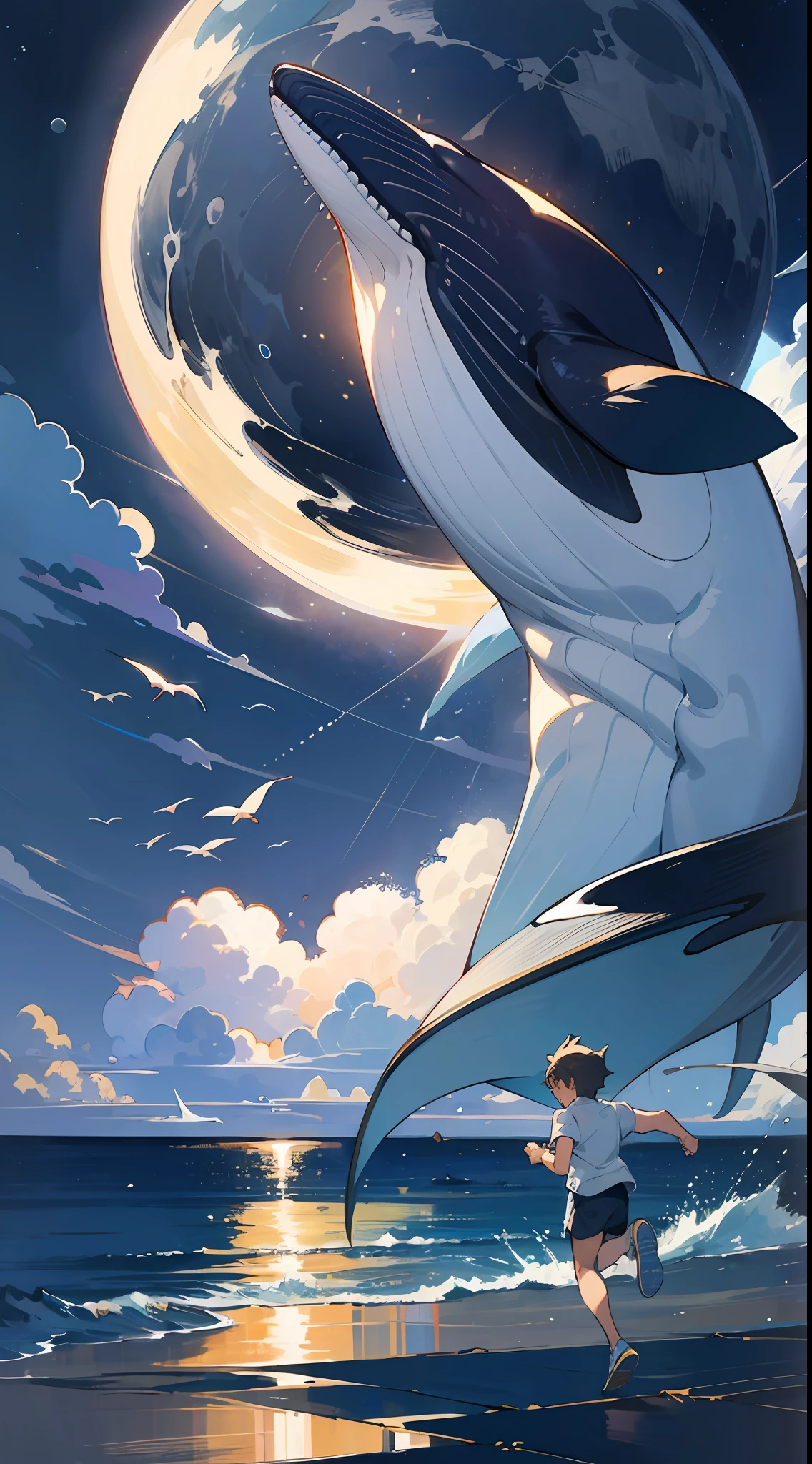 Masterpiece, of the best quality, a boy running by the sea, the moon, whales on the night sky