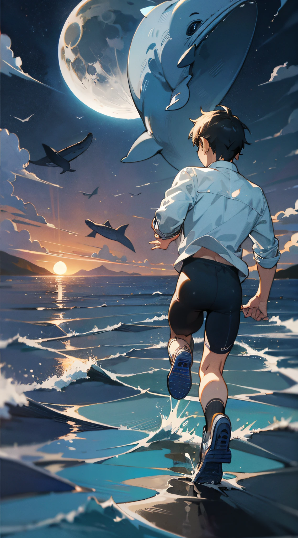 Masterpiece, of the best quality, a boy running by the sea, the moon, whales on the night sky