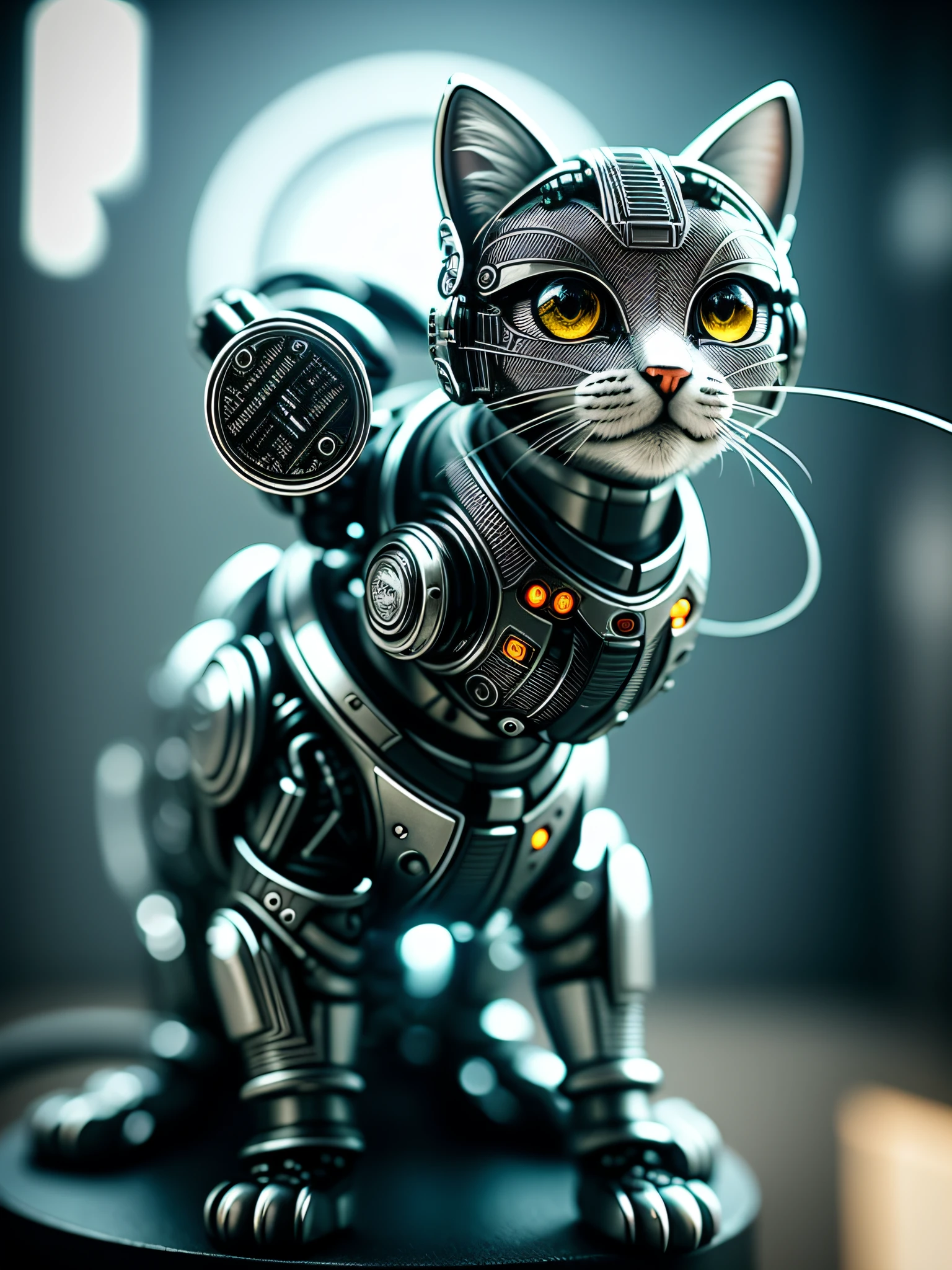 A cute kitten made of metal, (cyborg:1.1), ([tail|detailed wire]:1.3), (intricate detail), hdr, (intricate detail, hyperdetailed:1.2), cine footage, halo shadow, centered