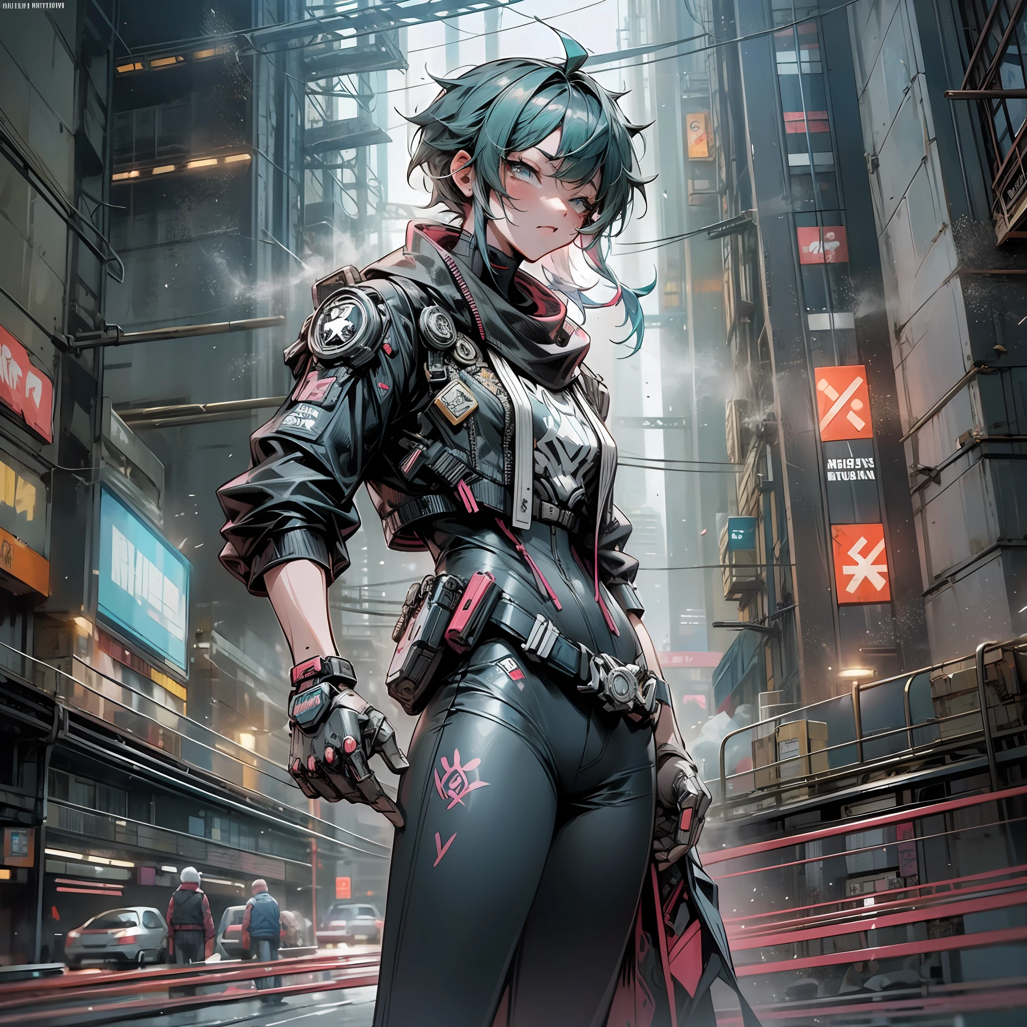 (Genshin Fighting Style + Cyberpunk 2077), a bustling city, skyscrapers, flashing neon lights in the dark night, layers of buildings can not stop the noise in the middle of the night, locomotives speeding by, sparks are shining, the streets are full of various characters, bold graffiti dots every corner of the building, and the cityscape like another world is fascinating.
