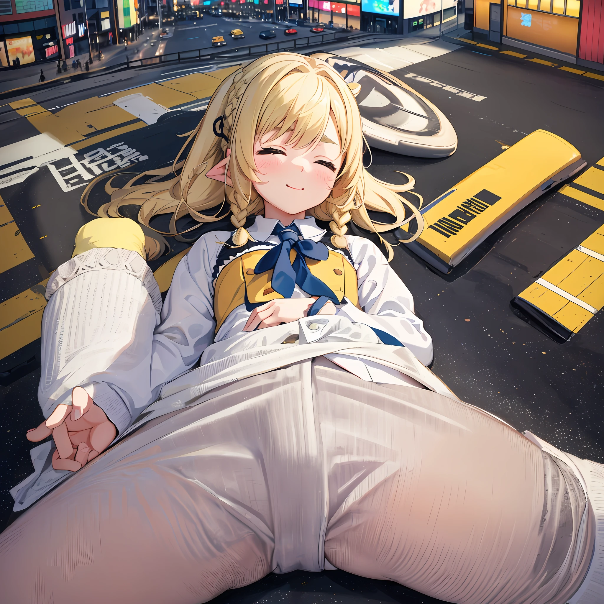 Aerial shot, happy sleeping face, sleeping in the center of Shibuya scramble intersection, background is Shibuya scramble crossing, small, female brat, thick eyebrows, thin waist, pigtails, beautiful blonde, braid, rabbit ears, (masterpiece), ((best quality)), (super detailed), girl, clean and detailed face, five fingers, textile shading, perfect human body structure, perfect anatomy,