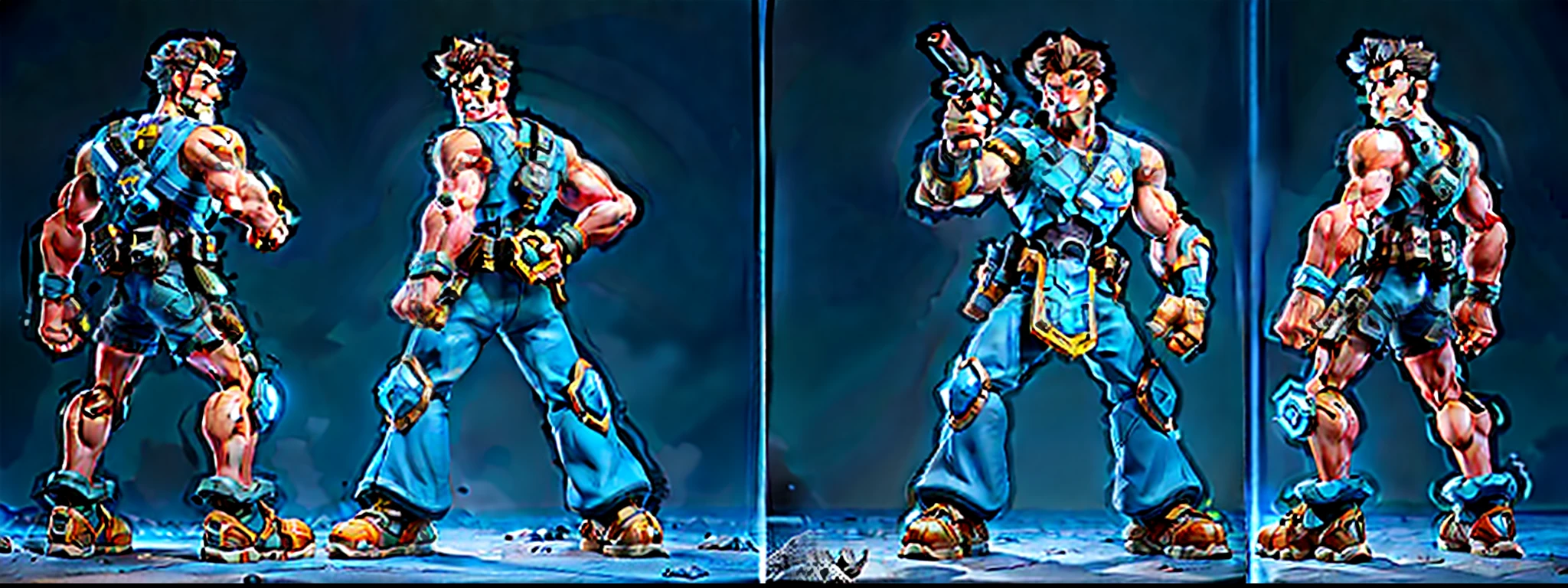 (same character, front, side, back), (full body), tech-sized, warrior, sci-fi, handheld weapon, gun, only one person, dynamic pose