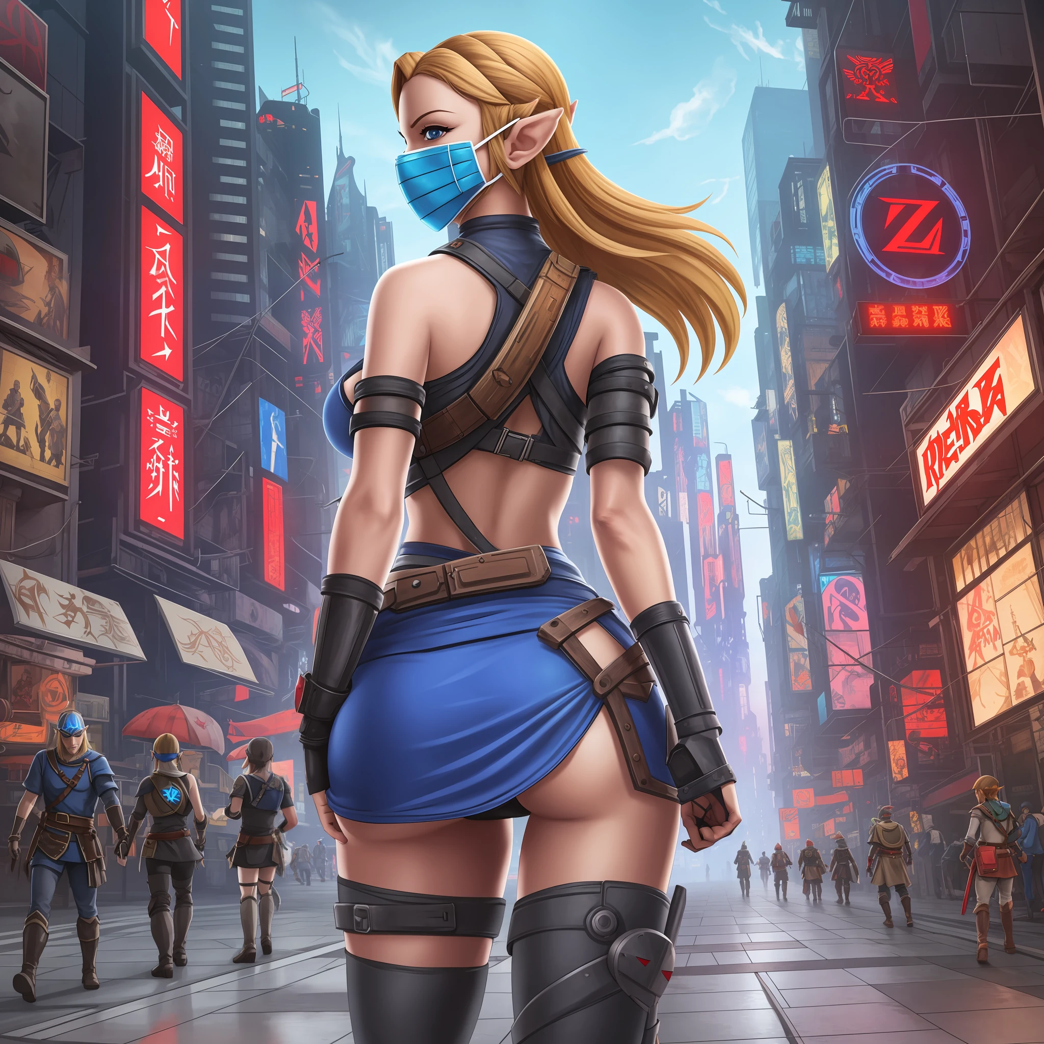 Zelda, masked, big breasts, middle ass, arm prosthesis, back, city, noisy street, sea of people, cyberpunk, blue, red, steam, smog
