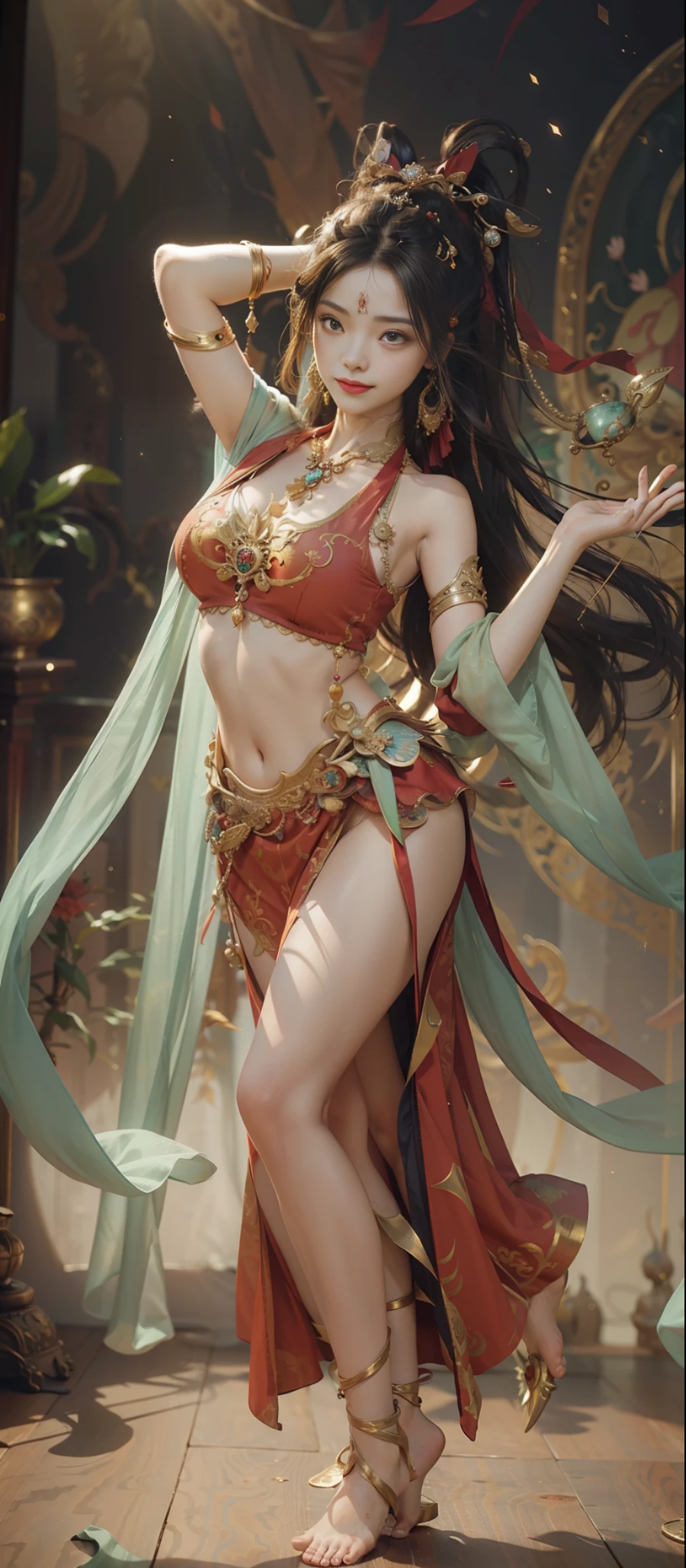 Dunhuang style, 1girle, shoulders, navel, flying fairy, Dunhuang mural in background, dance, black hair, lots of hair, very long hair, intricate hair ornaments, ribbons, earrings, gold jewelry, hair bubbles, copper bells, red clothes, translucent, flowers on the head, gradient eyes, smile, barefoot, no shoes, full body portrait, surrealism, high detail, romanticism, cinematic lighting, glitter, reflected light, masterpiece, super detail, textured skin, anatomically correct, high detail, best quality, High quality, award-winning, 8K