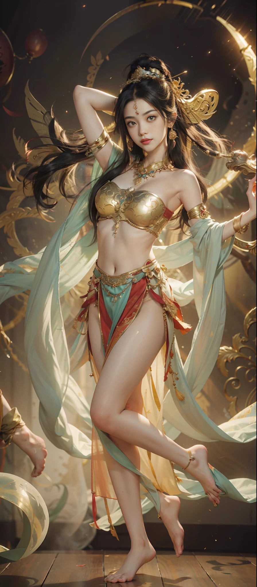 Dunhuang style, 1girle, shoulders, navel, flying fairy, Dunhuang mural in background, dance, black hair, lots of hair, very long hair, intricate hair ornaments, ribbons, earrings, gold jewelry, hair bubbles, copper bells, red clothes, translucent, flowers on the head, gradient eyes, smile, barefoot, no shoes, full body portrait, surrealism, high detail, romanticism, cinematic lighting, glitter, reflected light, masterpiece, super detail, textured skin, anatomically correct, high detail, best quality, High quality, award-winning, 8K
