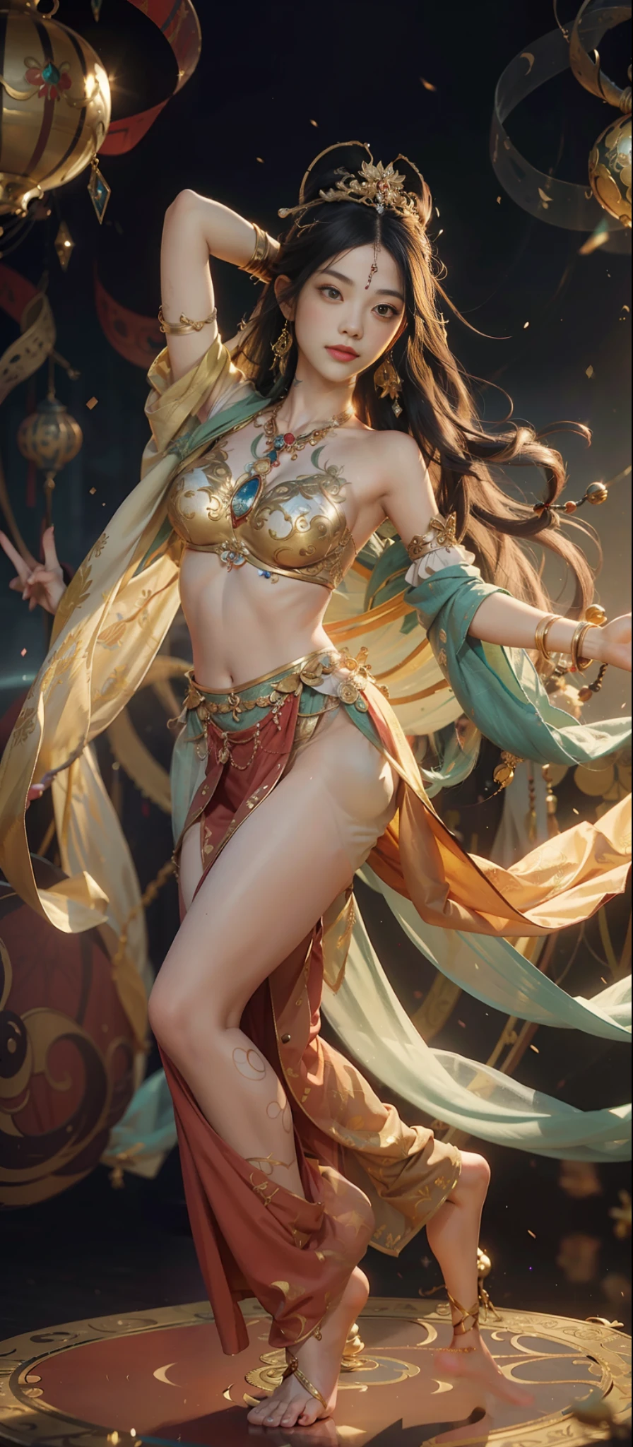 Dunhuang style, 1girle, shoulders, navel, flying fairy, Dunhuang mural in background, dance, black hair, lots of hair, very long hair, intricate hair ornaments, ribbons, earrings, gold jewelry, hair bubbles, copper bells, red clothes, translucent, flowers on the head, gradient eyes, smile, barefoot, no shoes, full body portrait, surrealism, high detail, romanticism, cinematic lighting, glitter, reflected light, masterpiece, super detail, textured skin, anatomically correct, high detail, best quality, High quality, award-winning, 8K