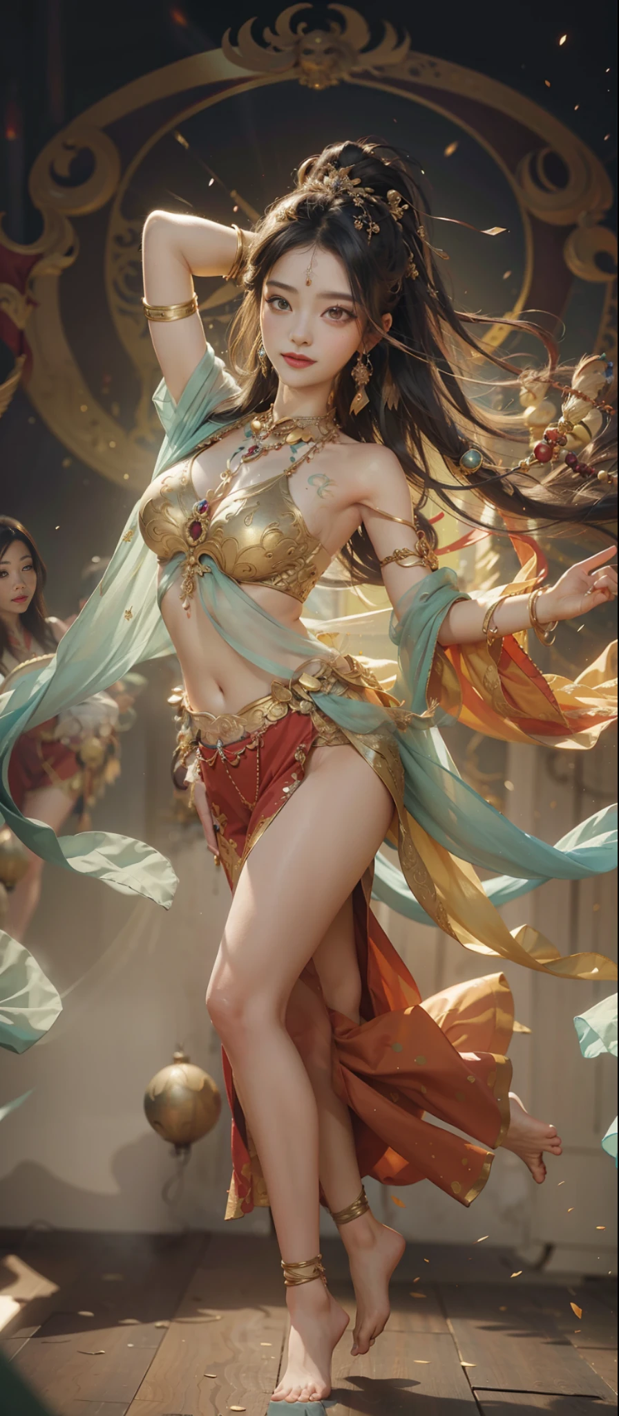 Dunhuang style, 1girle, shoulders, navel, flying fairy, Dunhuang mural in background, dance, black hair, lots of hair, very long hair, intricate hair ornaments, ribbons, earrings, gold jewelry, hair bubbles, copper bells, red clothes, translucent, flowers on the head, gradient eyes, smile, barefoot, no shoes, full body portrait, surrealism, high detail, romanticism, cinematic lighting, glitter, reflected light, masterpiece, super detail, textured skin, anatomically correct, high detail, best quality, High quality, award-winning, 8K