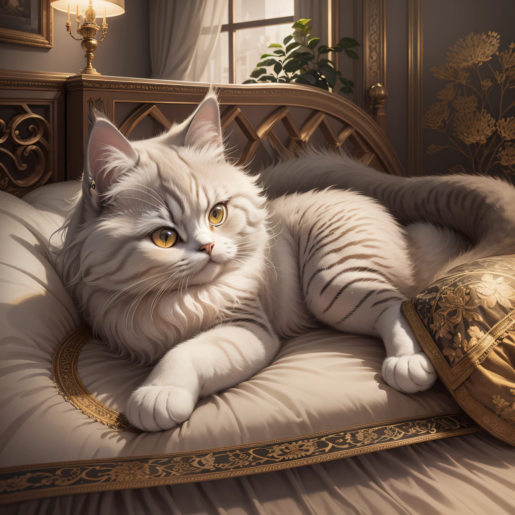 1 arrogant and charming Persian cat is lazily lying on the comfortable bed,Persian Cat,Lie down,Warm,Natural,no humans,Beautiful view,hdr,tail detailed wire,intricate details,hdr,4k textures,soft cinematic light,photolab,hdr,intricate,elegant,cinematic shot,vignette,centered,hyperdetailed,intricate details,Pet,Comfortable,Bed,Comfortable time,Enjoy an elegant rest,The Cat's World,Always full of mystery and charm,