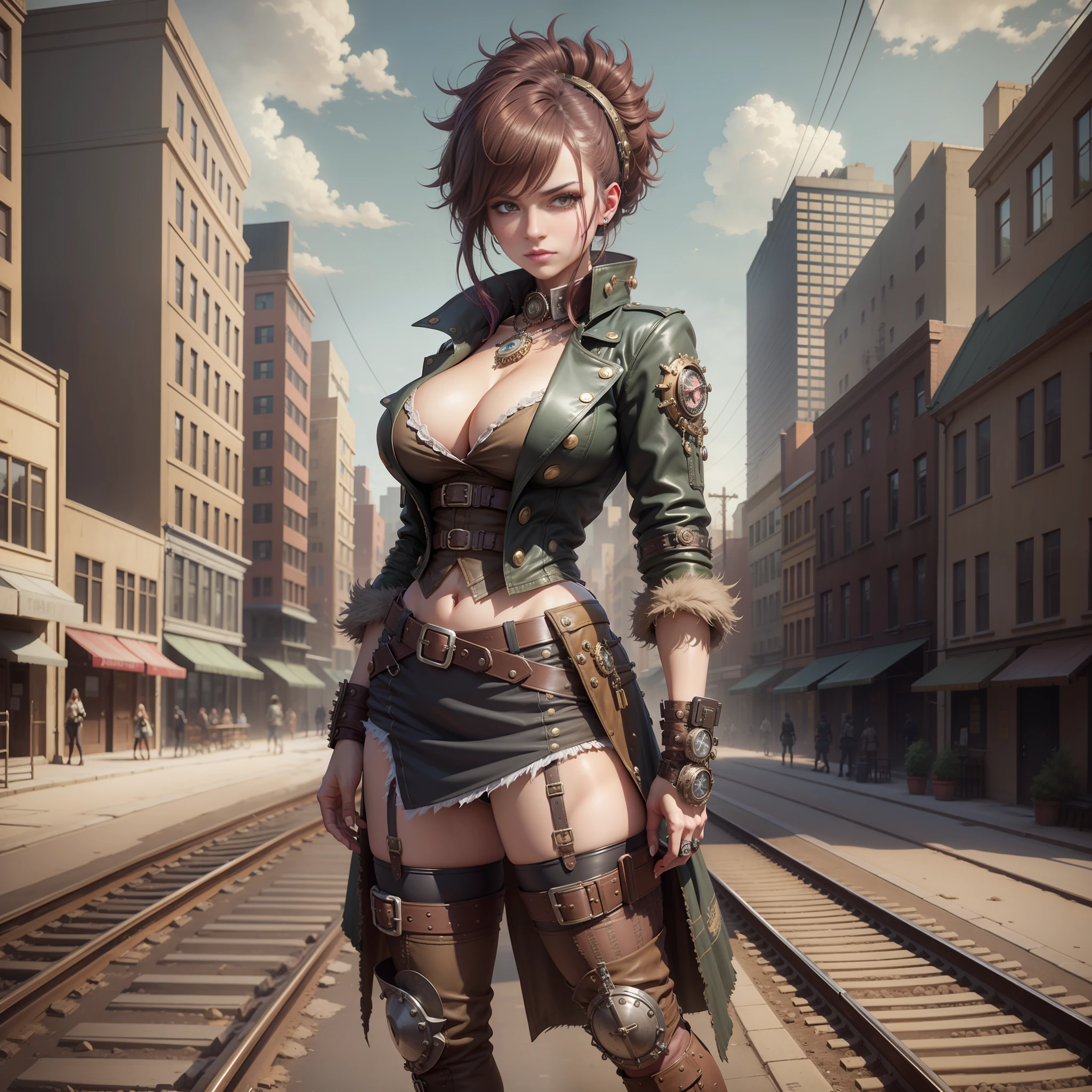 A steampunk city, a girl wearing punk-style clothes, big breasts, cleavage, standing on the street, train tracks on the ground, steampunk style buildings on both sides, dim weather, high-detail face, high-detail hands, highest quality, super high detail,