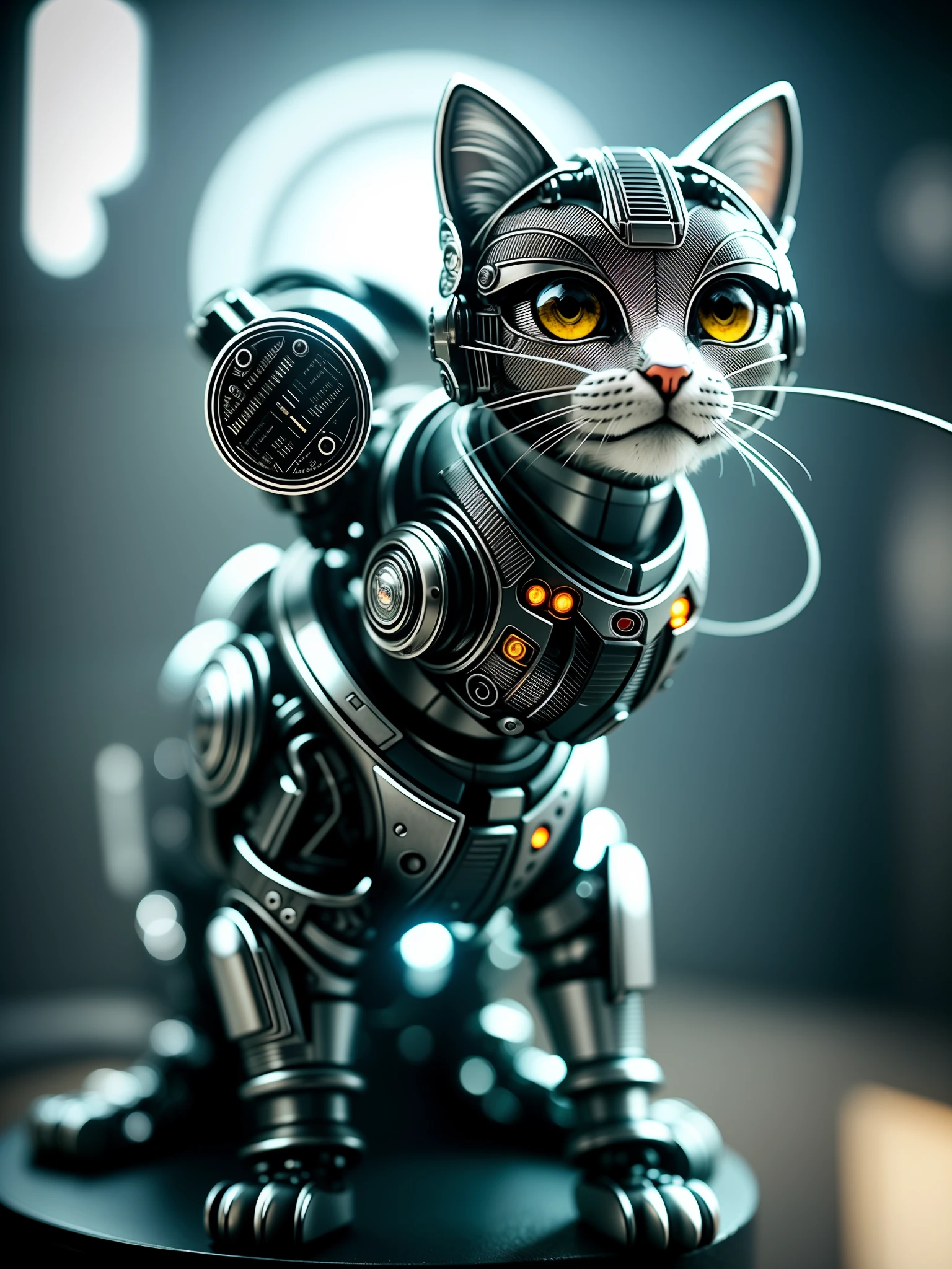 A cute kitten made of metal, (cyborg:1.1), ([tail|detailed wire]:1.3), (intricate detail), hdr, (intricate detail, hyperdetailed:1.2), cine footage, halo shadow, centered