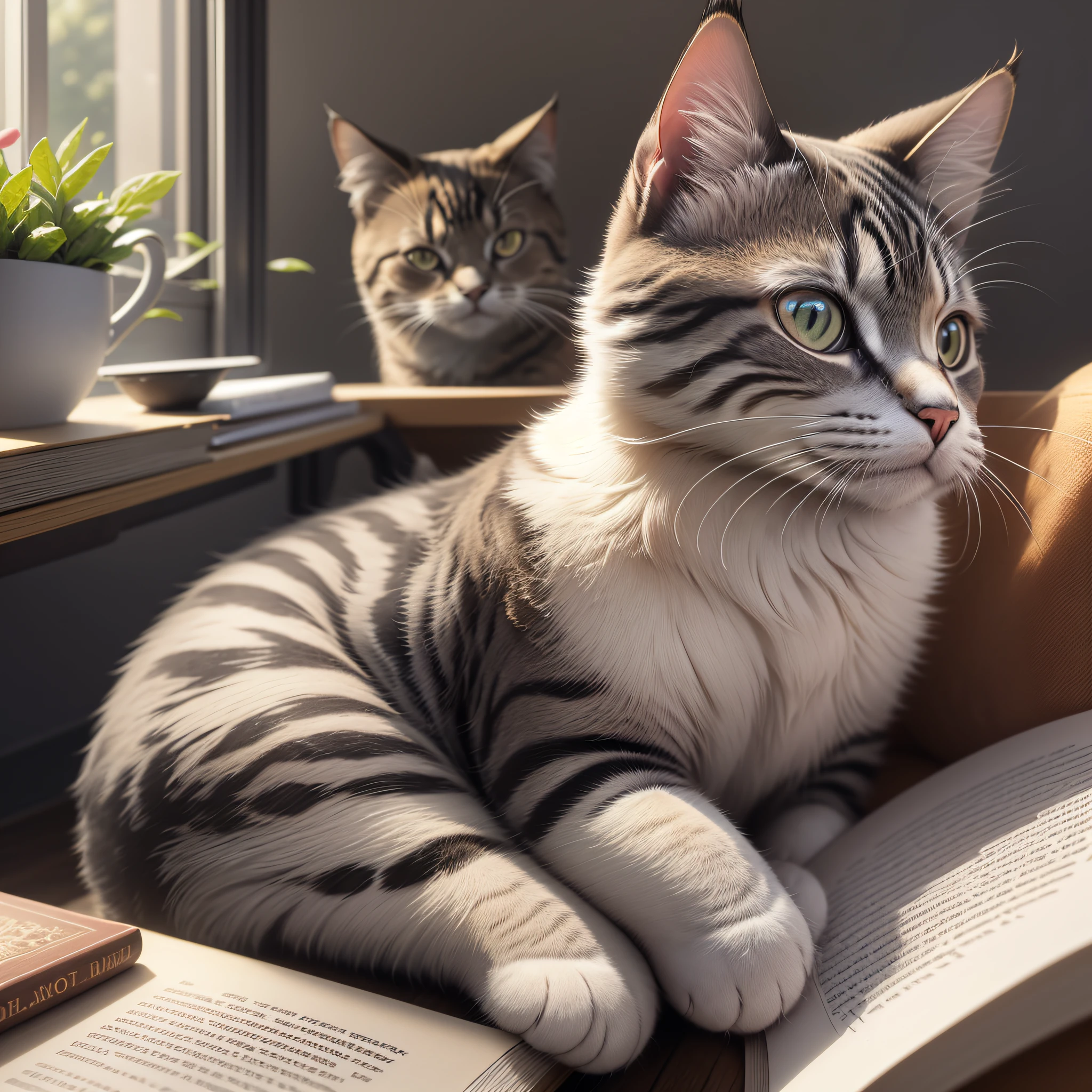 there is a cat sitting on a book on a table, there is a book next to the cat, intellectual cat, reading new book, reading a book, cute cat photo, portrait shot, cat on a windowsill, closeup portrait shot, shutterstock, studious, cat photo, photo of a cat, curled up on a book, cat on the table