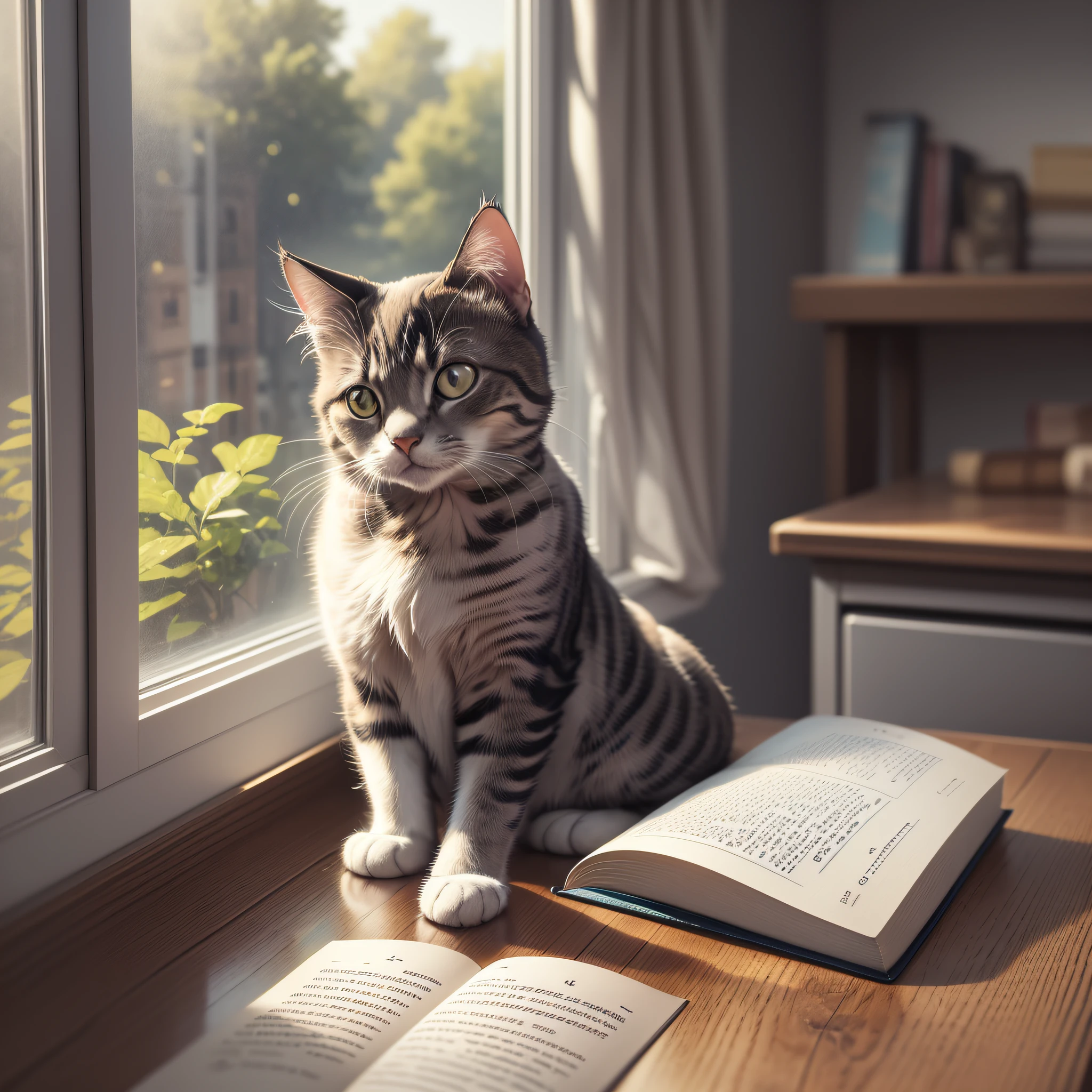there is a cat sitting on a book on a table, there is a book next to the cat, intellectual cat, reading new book, reading a book, cute cat photo, portrait shot, cat on a windowsill, closeup portrait shot, shutterstock, studious, cat photo, photo of a cat, curled up on a book, cat on the table