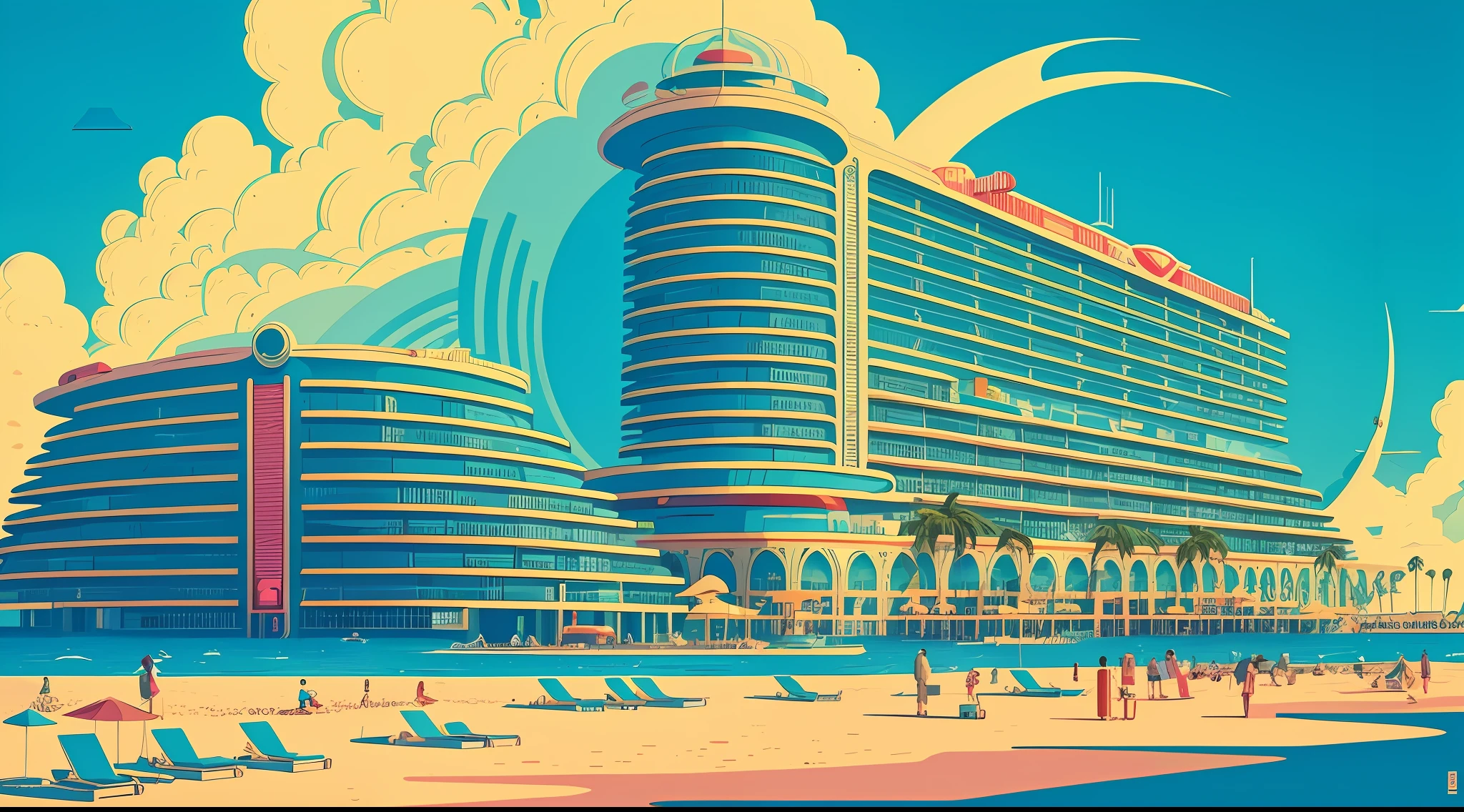 (art by Kilian Eng), retrofuturistic sunny hotel resort near beach, high details, high resolution, HD,