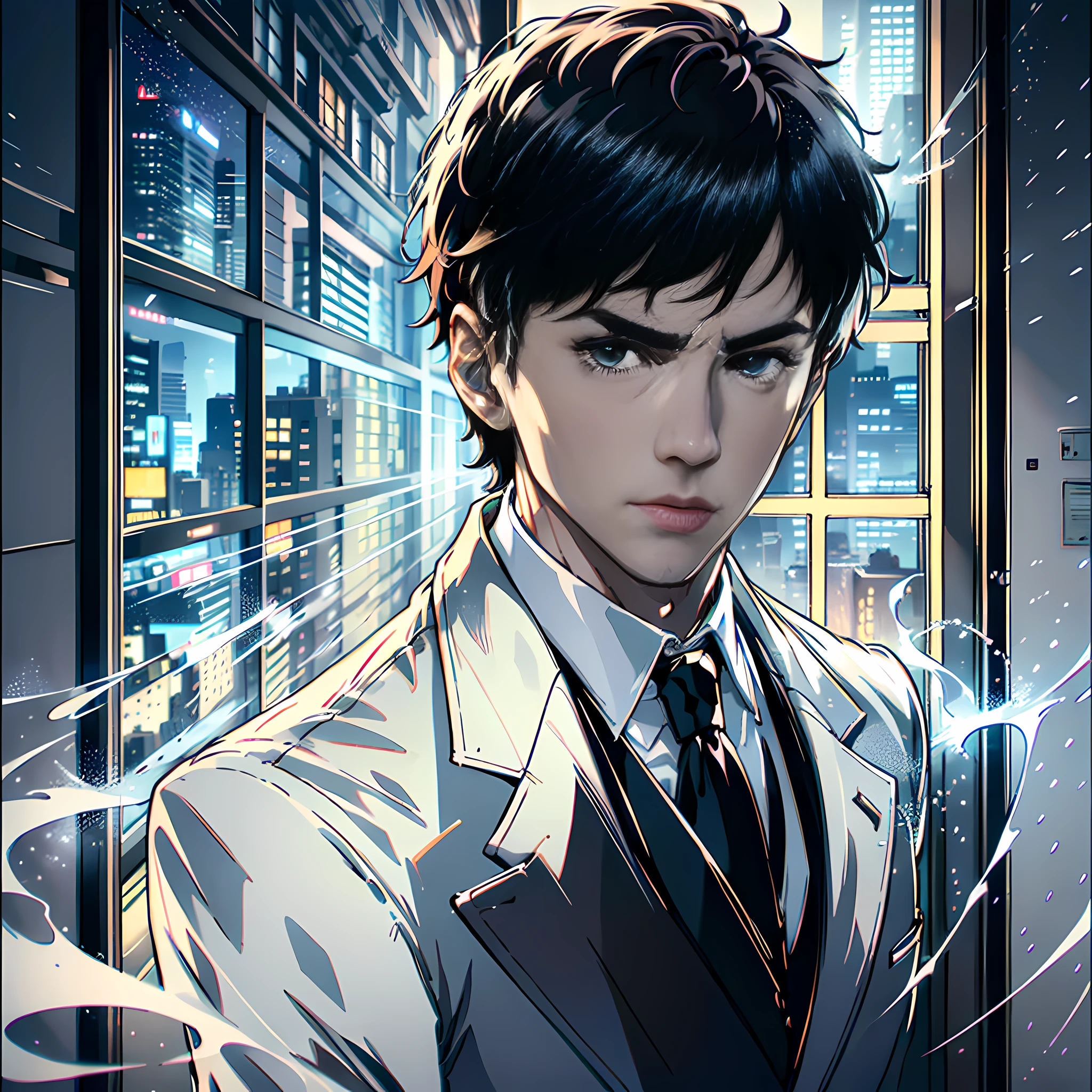 Night, pitch black, by the window, a handsome boy, white suit, black eyes, facial hyper-detail, short black hair, facial hyper-detail, highly real, 4K, chiaroscuro, ultra-high detail Waiting to start