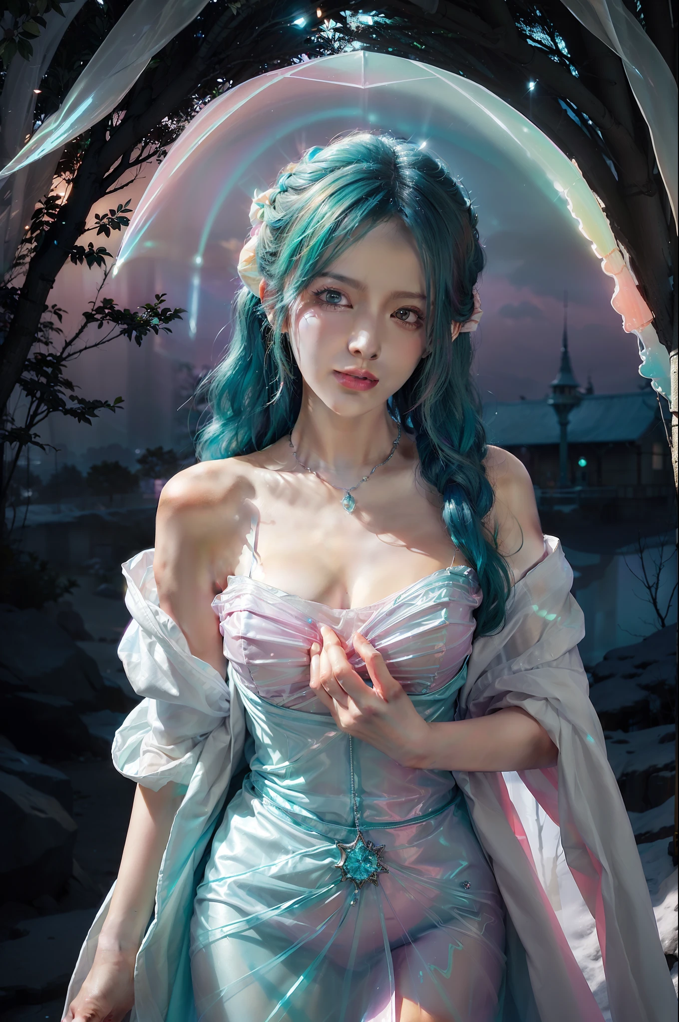 (fluorescent colors:1.4),(translucent:1.4),(retro filters:1.4), (fantasy:1.4), candy world Disney land ethereal soft fluffy soft landscape forest snowavatar Pastel pink sky green blue sparkle ethereal light pastel whimsical light rainbow stars diamonds sparkle gemstone background hyper realistic Ultra quality cinematic lighting immense detail Full hd painting Well lit,