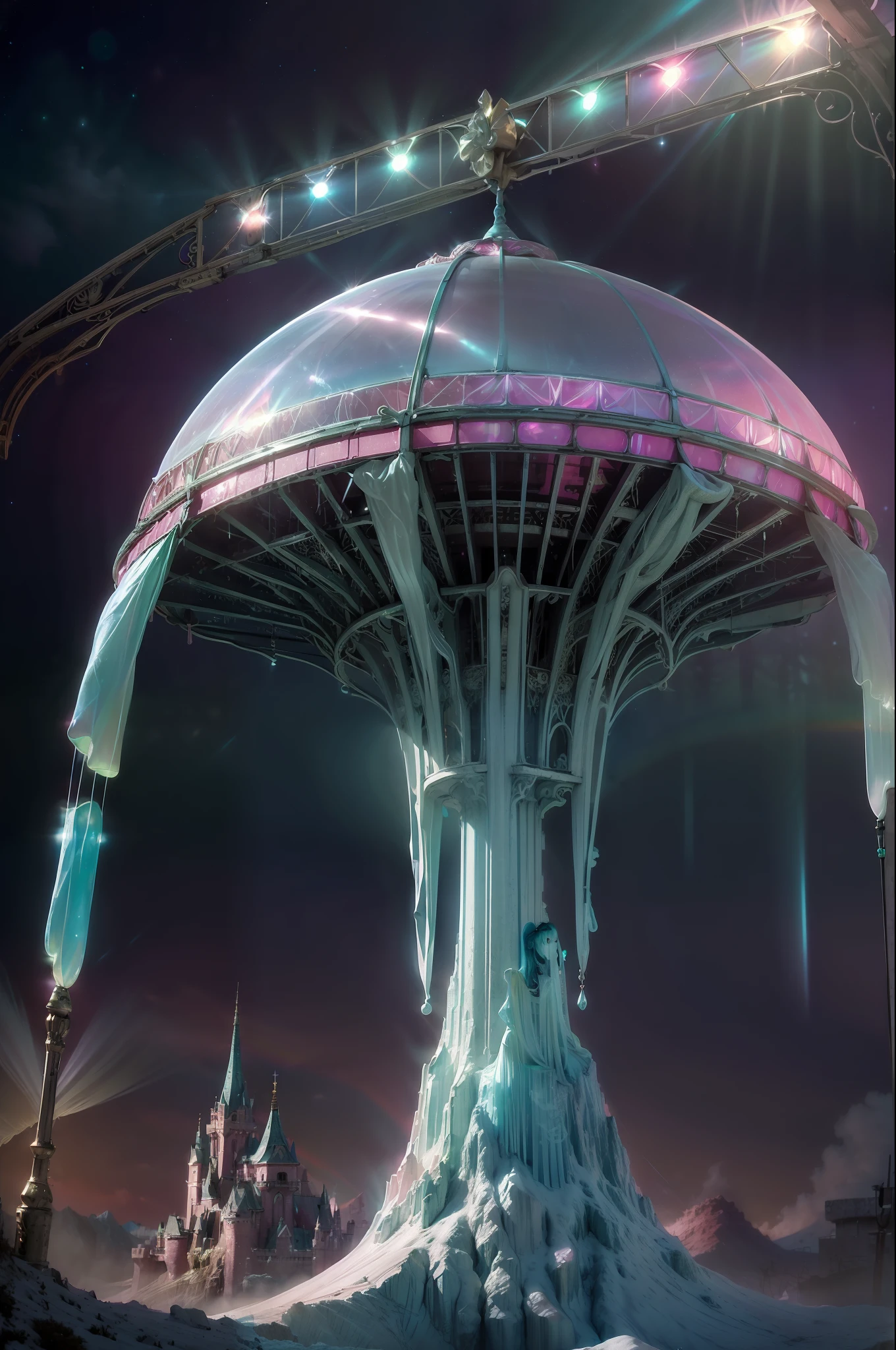 (fluorescent colors:1.4),(translucent:1.4),(retro filters:1.4), (fantasy:1.4), candy world Disney land ethereal soft fluffy soft landscape forest snowavatar Pastel pink sky green blue sparkle ethereal light pastel whimsical light rainbow stars diamonds sparkle gemstone background hyper realistic Ultra quality cinematic lighting immense detail Full hd painting Well lit,