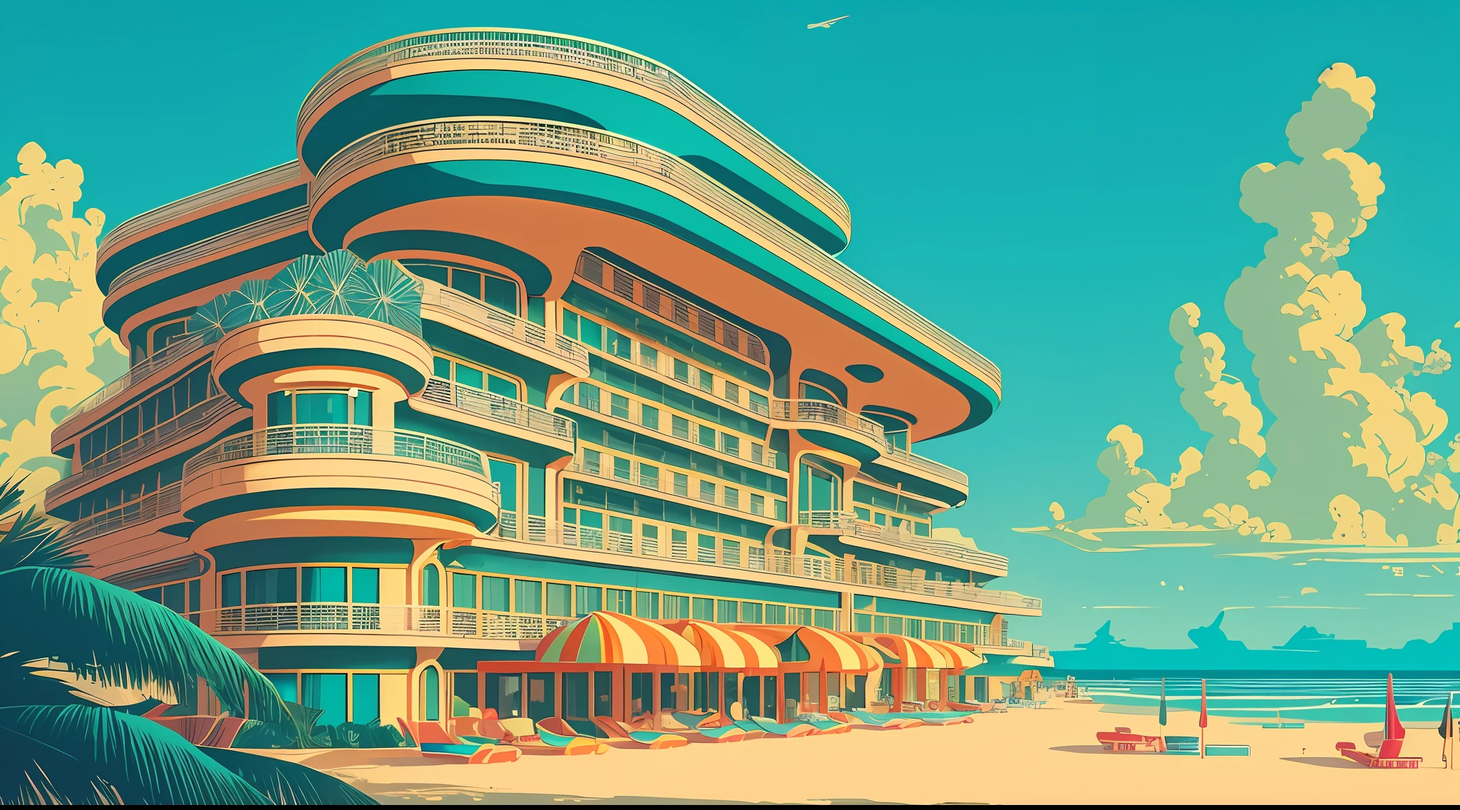 (art by Kilian Eng), retrofuturistic sunny hotel resort near beach, high details, high resolution, HD,