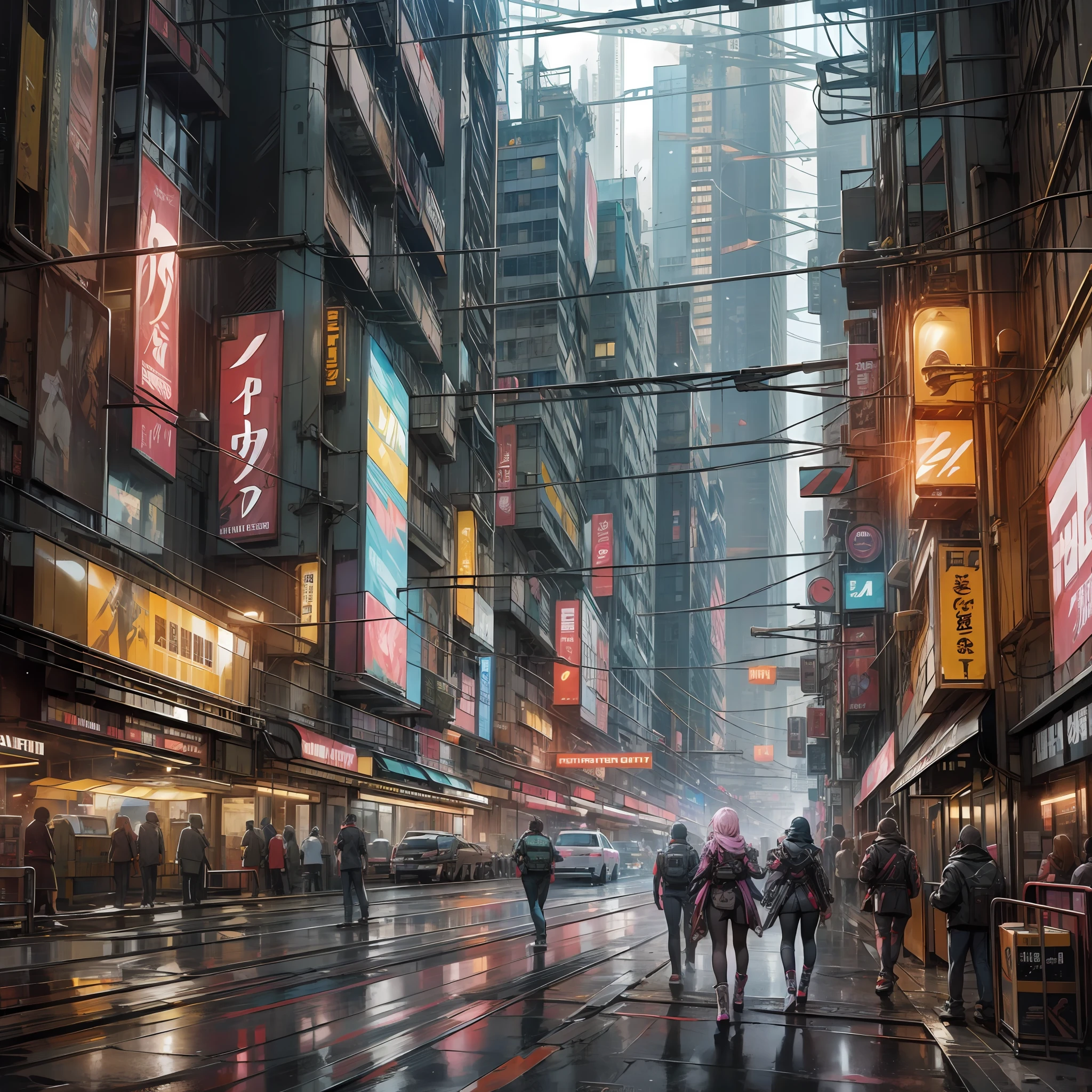 (Genshin Fighting Style + Cyberpunk 2077), a bustling city, skyscrapers, flashing neon lights in the dark night, layers of buildings can not stop the noise in the middle of the night, locomotives speeding by, sparks are shining, the streets are full of various characters, bold graffiti dots every corner of the building, and the cityscape like another world is fascinating.