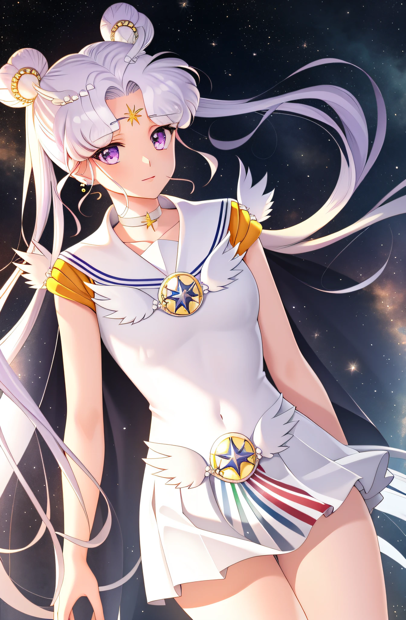 Photo Realism, (Hyperrealism: 1.2), (Extremely Detailed CG Unity 8k Wallpaper), (Ultra Detailed), Masterpiece, Best Quality, 1Girl, Sailor Universe, Standing, Full Body, Solo, Long Hair, Skirt, Hair Accessories, Double Ponytail, Jewelry, Purple Eyes, White Hair, Pleated Skirt, Earrings, Choker, Sailor Collar, Bun, Cloak, Character Name, Bun, Face Markers, White Skirt, Brooch, White Sailor Collar, Hairpin, Forehead Markings, White Choker, Sailor Warrior Uniform, Honor of Kings, game illustration, game original art.