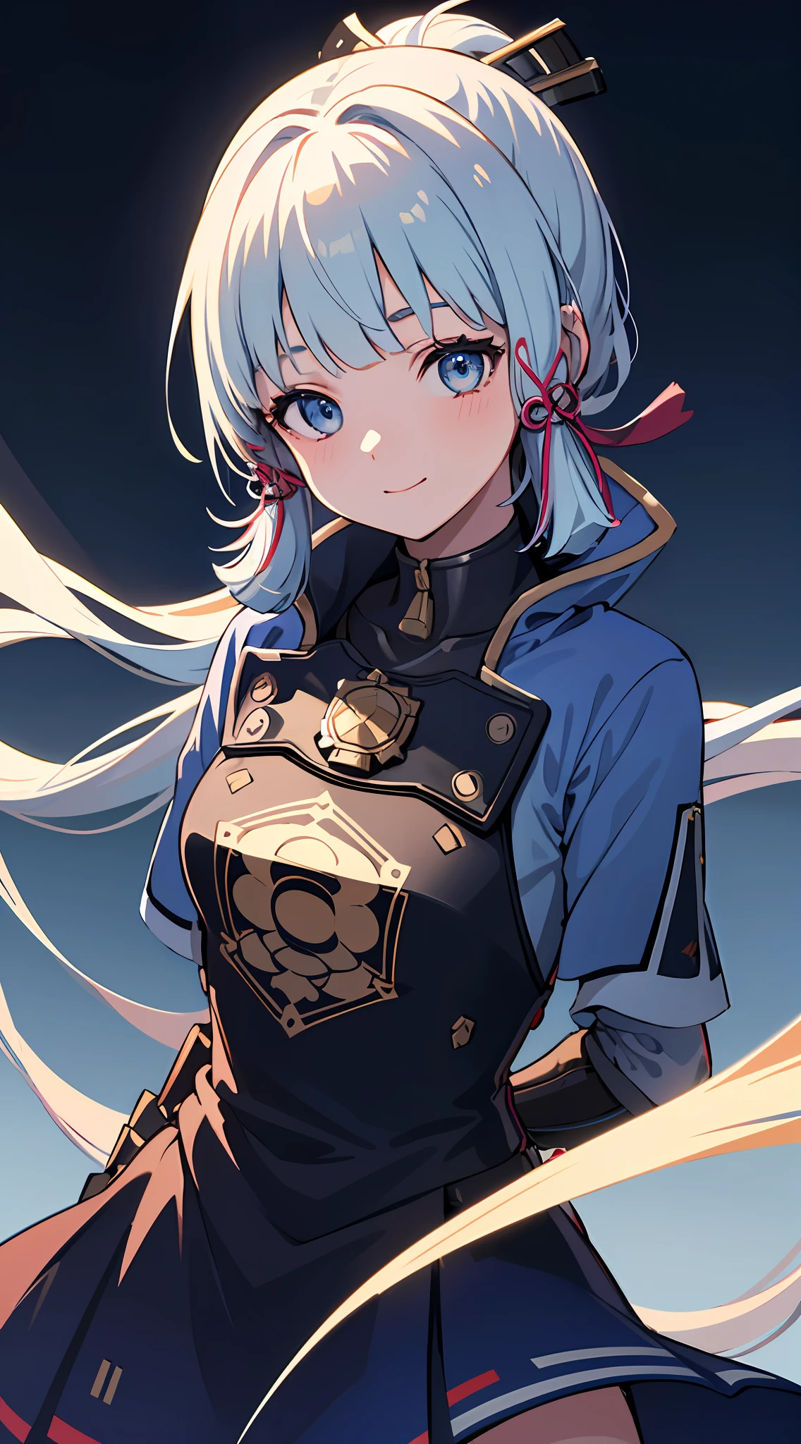 (((masterpiece))), 4k res, highly detailed, (((extremely detailed eyes))), detailed background, cinematic lighting, crystal clear eyes, high quality, highres, ultra-detailed, 8k, best quality, 1girl, solo, shadow, backlighting, light particles, Thick Eyelashes, Wide Sleeve, thick thighs, (masterpiece:1.3), (the best quality:1.2), (super fine illustrations:1.2), (Masterpiece), high quality, high detail,(SOLO:1.4),((round image)),[(cyberpunk:1):5], cyberpunk, whole body, 1girl, kamisato ayaka, smile, blush, closed mouth, cryokinesis, black gloves, thick, arms behind back, hands on hips, hands on own chest,