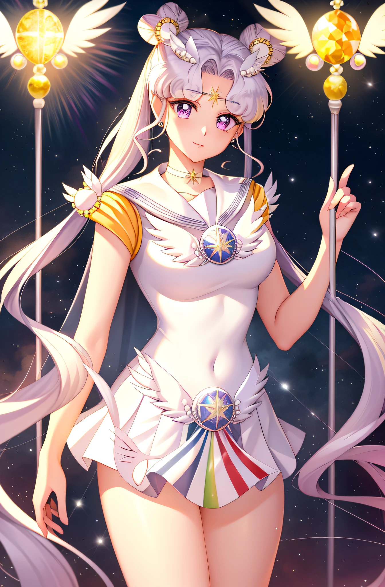 Photo Realism, (Hyperrealism: 1.2), (Extremely Detailed CG Unity 8k Wallpaper), (Ultra Detailed), Masterpiece, Best Quality, 1Girl, Sailor Universe, Standing, Full Body, Solo, Long Hair, Skirt, Hair Accessories, Double Ponytail, Jewelry, Purple Eyes, White Hair, Pleated Skirt, Earrings, Choker, Sailor Collar, Bun, Cloak, Character Name, Bun, Face Markers, White Skirt, Brooch, White Sailor Collar, Hairpin, Forehead Markings, White Choker, Sailor Warrior Uniform, Honor of Kings, game illustration, game original art.