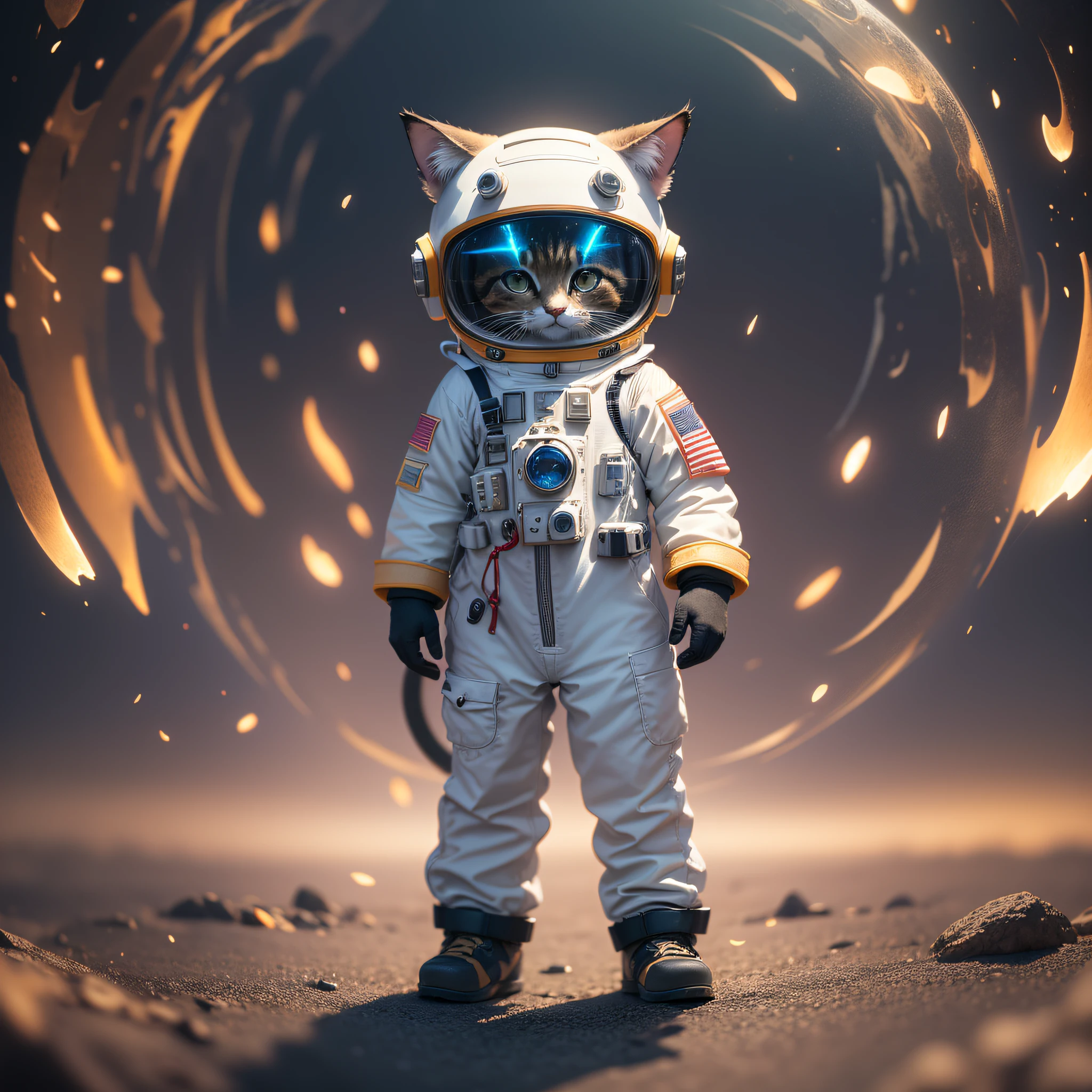 1 cute standing kitten standing,dressed as an astronaut,anthropomorphized,solo,no humans,Beautiful view,tail detailed wire,intricate details,hdr,intricate,cinematic shot,vignette,centered,hyperdetailed,Always full of mystery and charm,masterpiece,8k,high resolution,highest texture,better face,animal focus,exquisite details,full body display,bright studio lighting,octane rendering,8k,