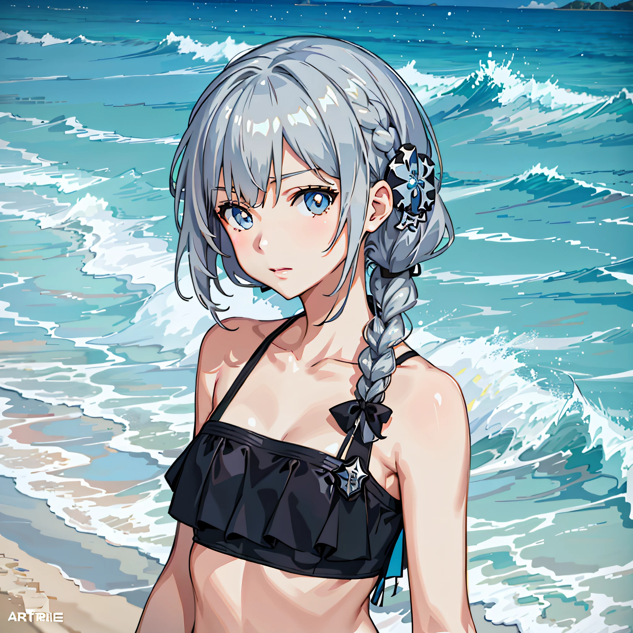 anime girl in a bikini on the beach with waves coming in, kantai collection style, from girls frontline, girls frontline style, anime moe artstyle, at the sea, silver hair girl, trending on artstation pixiv, fine details. girls frontline, anime visual of a cute girl, beautiful anime girl, beautiful anime portrait, girl silver hair, detailed digital anime art