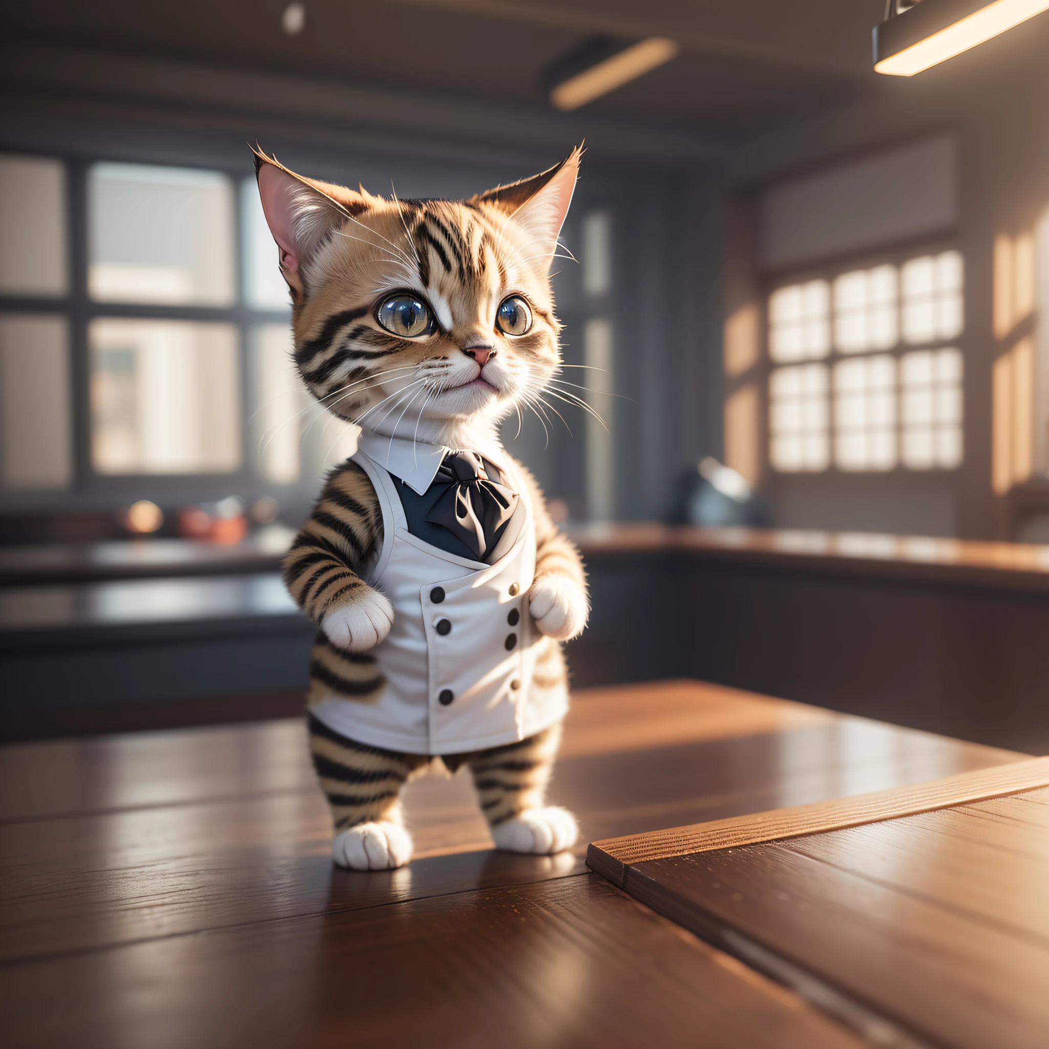 1 cute standing kitten,Wearing a chef's suit,anthropomorphized,Short,solo,no human,tail detailed wire,intricate details,hdr,intricate,cinematic shot,vignette,centered,hyperdetailed,Always full of mystery and charm,masterpiece,8k,high resolution,highest texture,better face,animal focus,exquisite details,full body display,bright studio lighting,octane rendering,8k,