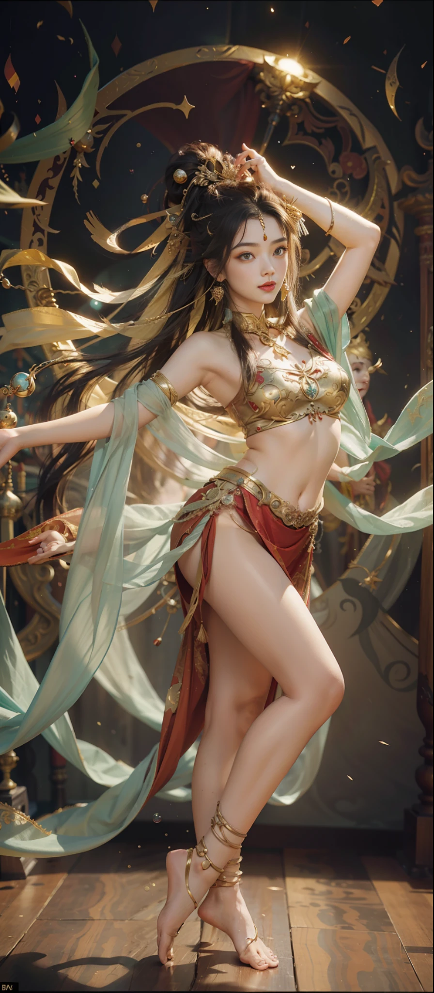 Dunhuang style, 1girle, shoulders, navel, flying fairy, Dunhuang mural in background, dance, black hair, lots of hair, very long hair, intricate hair ornaments, ribbons, earrings, gold jewelry, hair bubbles, copper bells, red clothes, translucent, flowers on the head, gradient eyes, smile, barefoot, no shoes, full body portrait, surrealism, high detail, romanticism, cinematic lighting, glitter, reflected light, masterpiece, super detail, textured skin, anatomically correct, high detail, best quality, High quality, award-winning, 8K