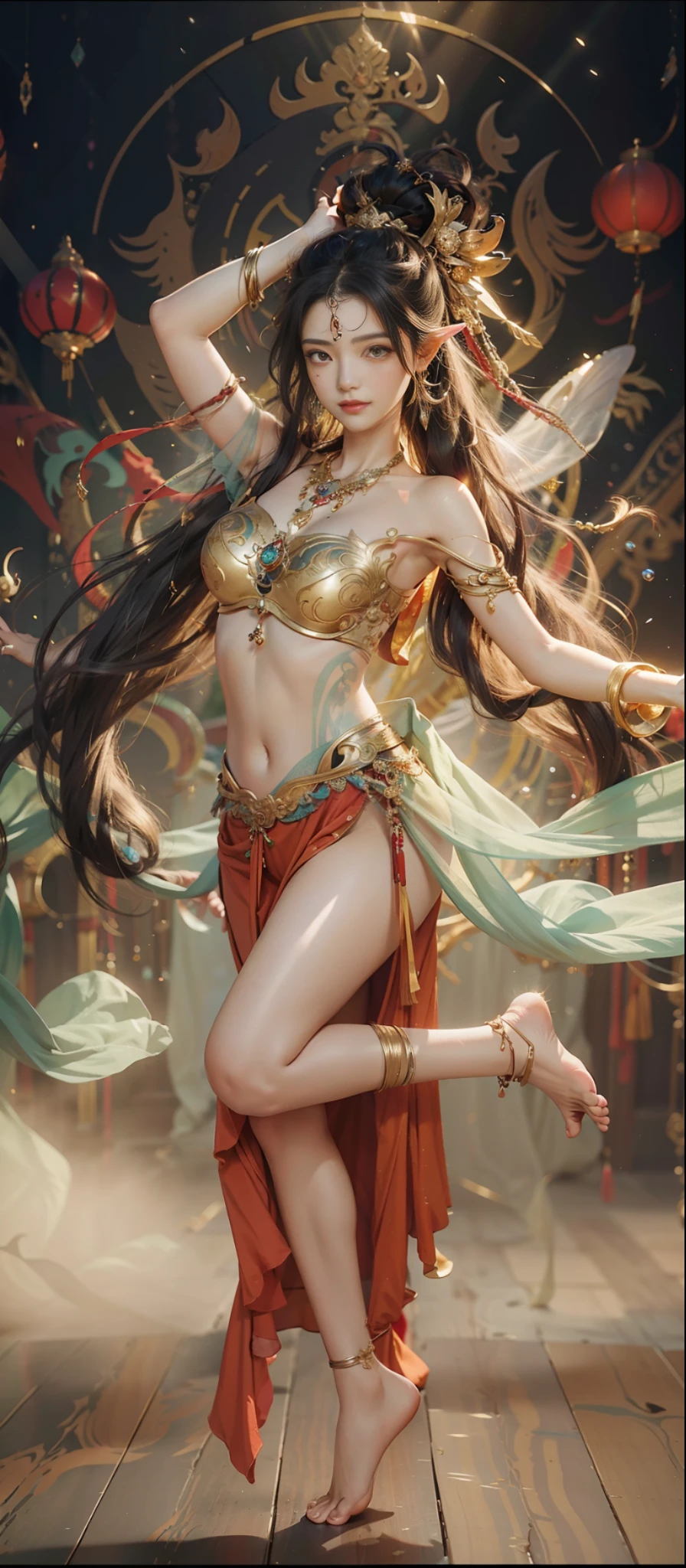 Dunhuang style, 1girle, shoulders, navel, flying fairy, Dunhuang mural in background, dance, black hair, lots of hair, very long hair, intricate hair ornaments, ribbons, earrings, gold jewelry, hair bubbles, copper bells, red clothes, translucent, flowers on the head, gradient eyes, smile, barefoot, no shoes, full body portrait, surrealism, high detail, romanticism, cinematic lighting, glitter, reflected light, masterpiece, super detail, textured skin, anatomically correct, high detail, best quality, High quality, award-winning, 8K
