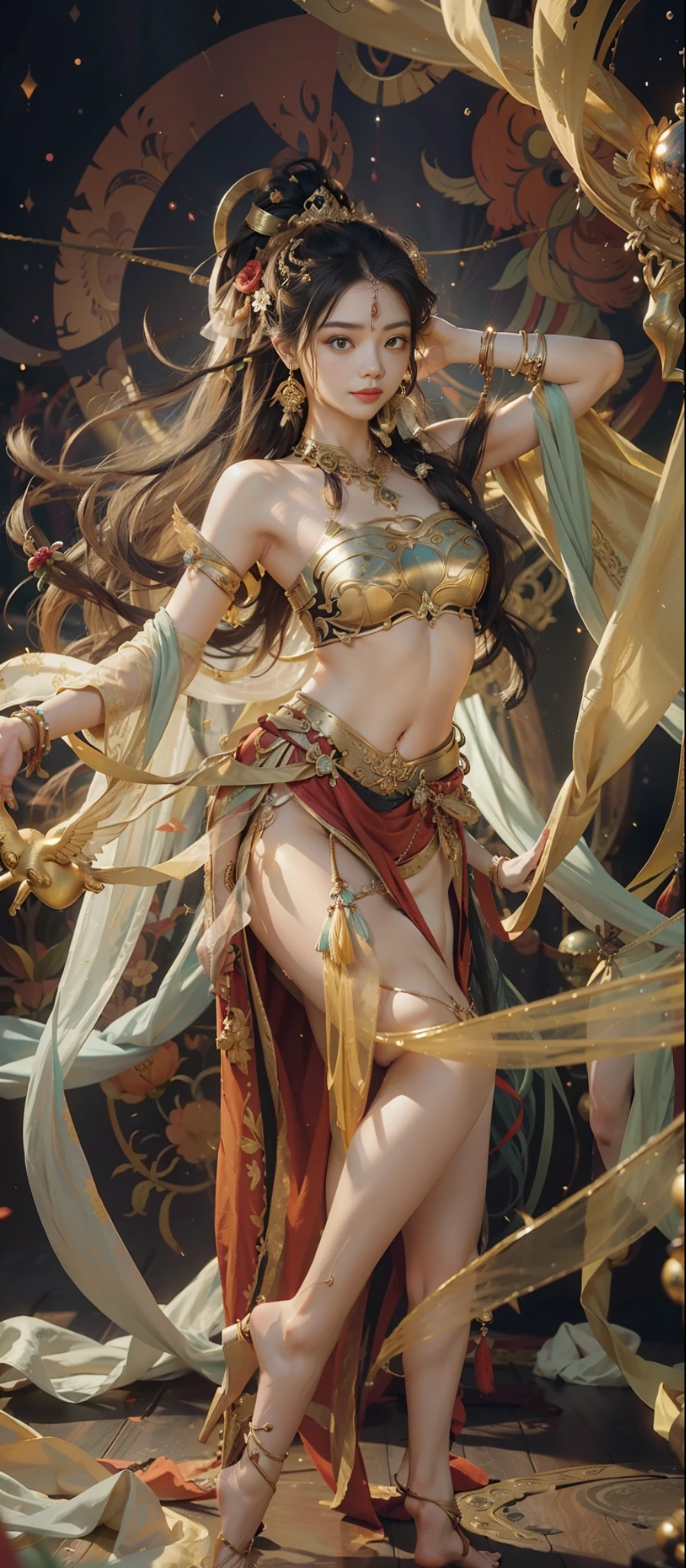 Dunhuang style, 1girle, shoulders, navel, flying fairy, Dunhuang mural in background, dance, black hair, lots of hair, very long hair, intricate hair ornaments, ribbons, earrings, gold jewelry, hair bubbles, copper bells, red clothes, translucent, flowers on the head, gradient eyes, smile, barefoot, no shoes, full body portrait, surrealism, high detail, romanticism, cinematic lighting, glitter, reflected light, masterpiece, super detail, textured skin, anatomically correct, high detail, best quality, High quality, award-winning, 8K