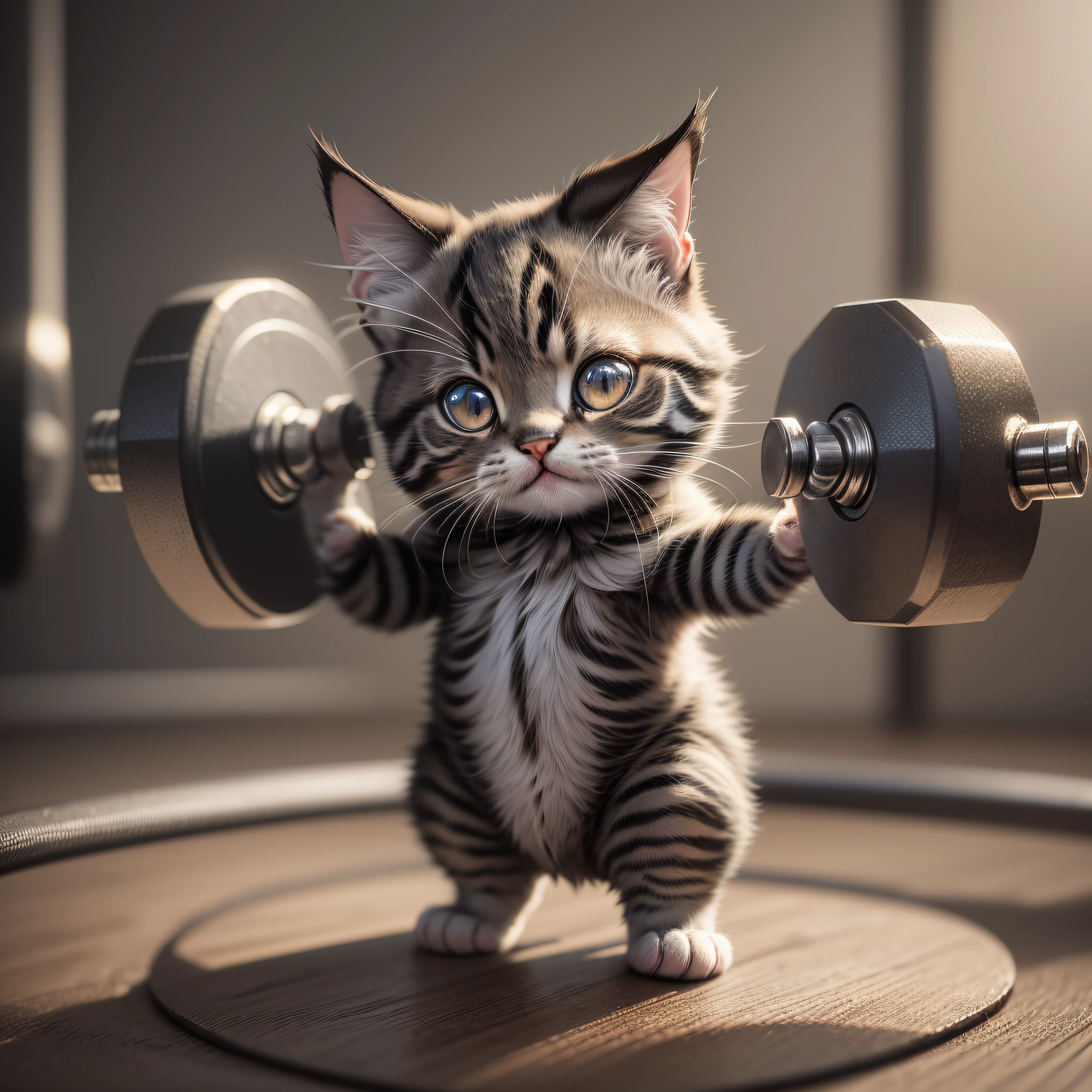 1 cute standing kitten,In the lifting dumbbell,anthropomorphized,Short,solo,no human,tail detailed wire,hdr,vignette,centered,hyperdetailed,masterpiece,8k,high resolution,highest texture,better face,animal focus,exquisite details,full body display,bright studio lighting,octane rendering,8k,
