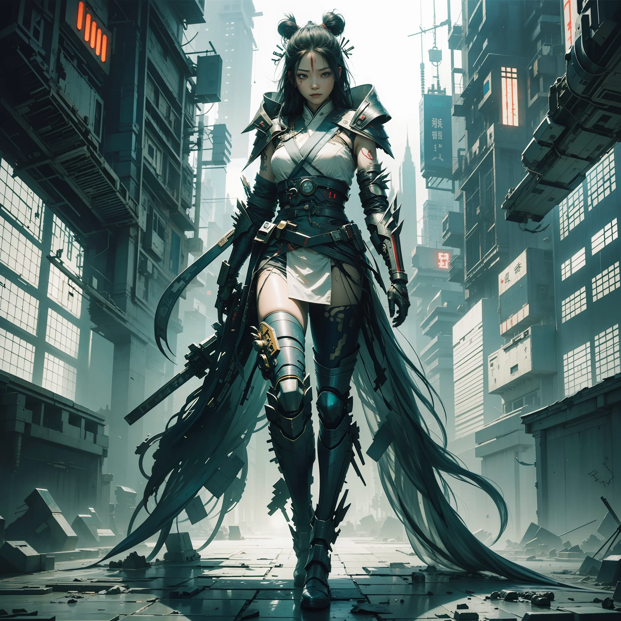 An ancient Chinese girl, hood, full body, amazing facial features, blood stains, sharp eyes, cyberpunk, holographic aura, surreal science fiction art, futuristic science fiction aesthetics, Hanfu (tattered, torn), mecha, complex design, game model, movie edge light, delicate light, masterpiece, super detailed, epic composition, super HD, high quality, highest quality, 32k --niji 5