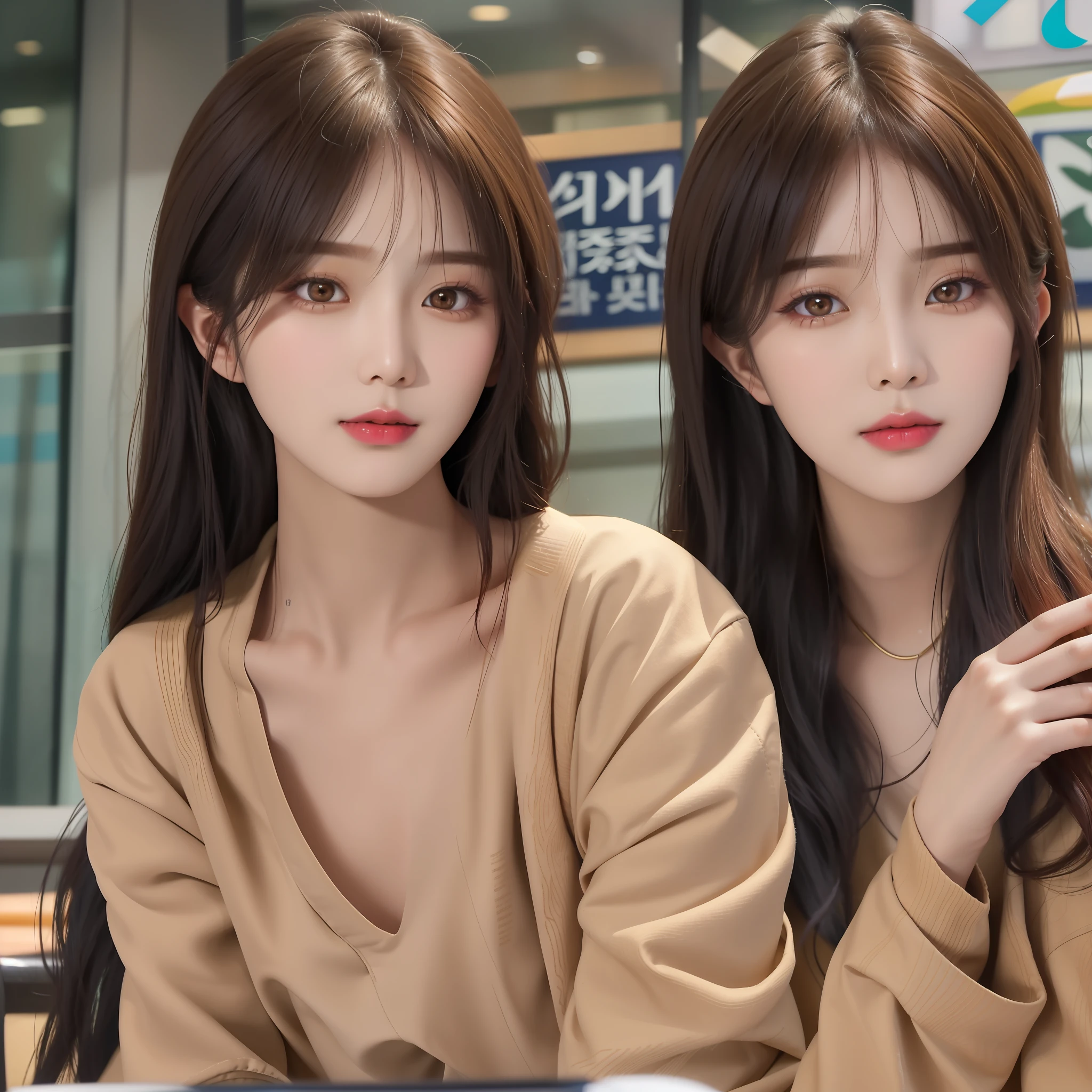 1 asian woman sitting at a table holding cell phone, ulzzang, beautiful korean woman, young cute korean face, gorgeous young korean woman, popular korean makeup, korean symmetrical face, pastel portrait shot 8 k, beautiful gemini portrait, jaeyeon nam, beautiful korean young woman, korean girl, popular korean makeup