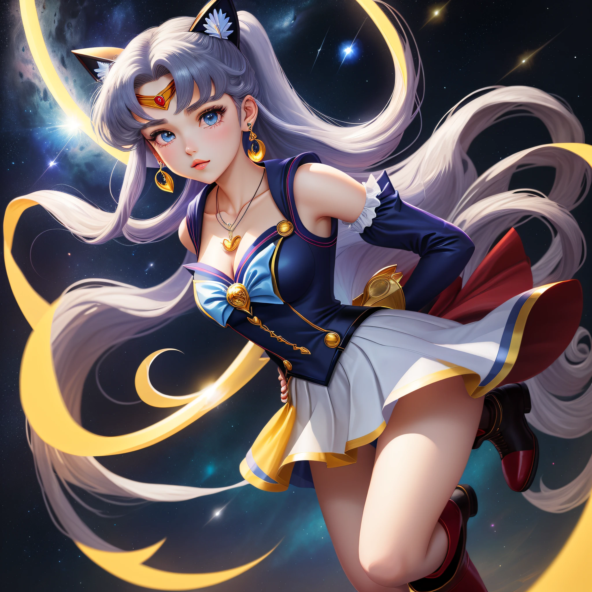 masterpiece, best quality, (1 girl), super sailor moon, cowboy shot, night sky, moonlight, evening, white gloves, blue eyes, galaxy background, multicolored clothes, sailor senishi uniform, heart-shaped bow scepter, multicolored skirt, hair ornament, red bow, brooch, heart brooch, earrings, crescent, heart necklace, heart, very long hair, crescent moon, crescent earrings, headgear, yellow necklace, boots, knee boots, red shoes, miniskirt, long legs, King Glory illustration, King Honor game original drawing. Game characters.