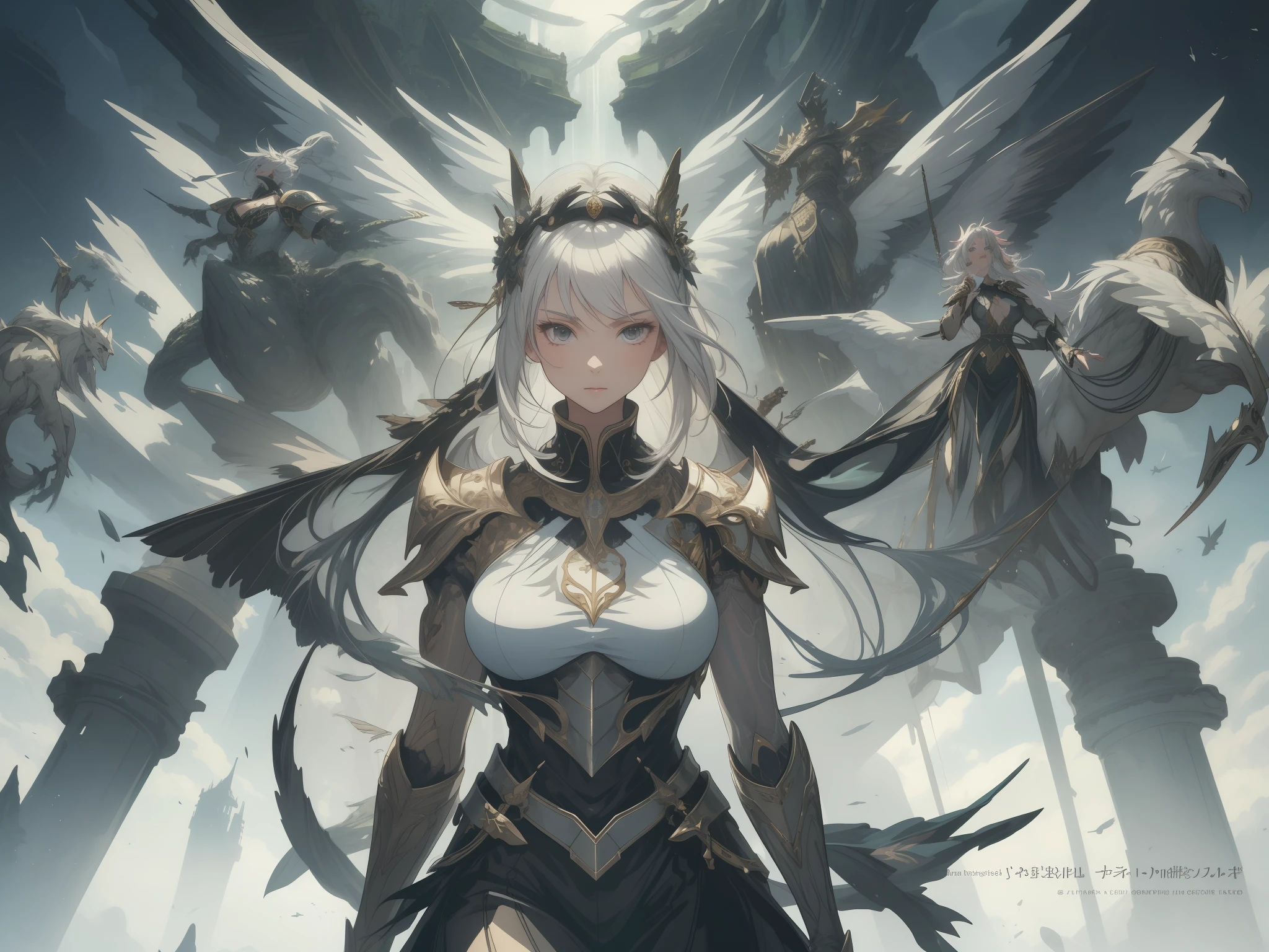 ((maiden looking into the distance))), masterpiece, best quality), 1 long girl with white hair sitting (best quality)), Lolita, alone, naughty face, beauty, tied hair, bun, open back, armor, female knight, armor skirt, ribbon-like necklace, sexy, beautiful, moving, good body proportions, delicate face, delicate skin, pink skin, big breasts, front, dynamic pose, fine painting, black eyes, standing posture, long legs, detailed portrayal, Many islands suspended in the air, cities, fantasy, magical plant growth, extreme details, realistic light, epic composition, (intricate details), (complex design, ultra details: 1.2), art station, (masterpiece, best quality), ultra hd, in the forest, a lot of wildflowers, streams, stones, fine paintings, black eyes, standing posture, long legs, detail portrayal, many islands suspended in the air, cities, fantasy, magical plant growth, extreme details, realistic light, epic composition, (Intricate Details), (Intricate Design, Ultra Detail: 1.2), Art Station, (Masterpiece, Best Quality), Ultra HD